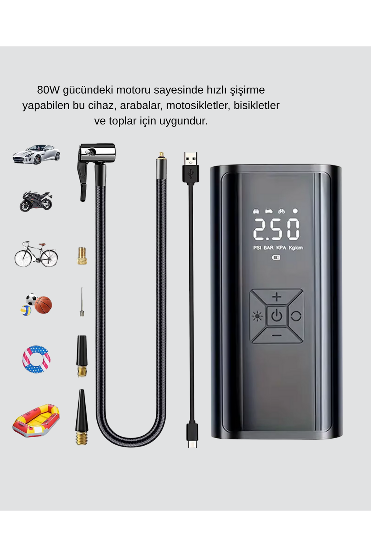 Kablosuz Dijital Lastik Şişirme Pompası LED Işıklı 80W