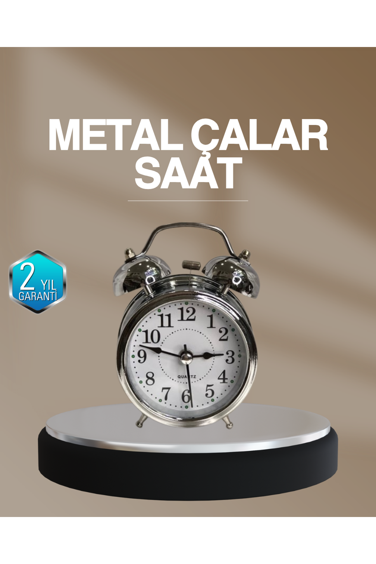 Dekoratif Yuvarlak Gümüş Sessiz Işıklı Masa Üstü Çalar Saat Alarmlı ve Şık Tasarım