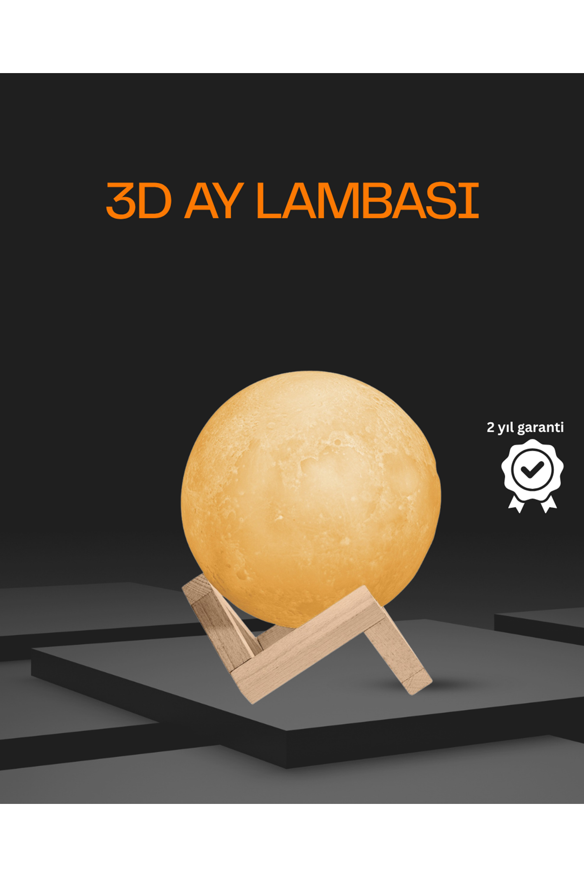 Ahşap Standlı 3D Baskı Ay Lambası 16 Renkli ve Şarjlı