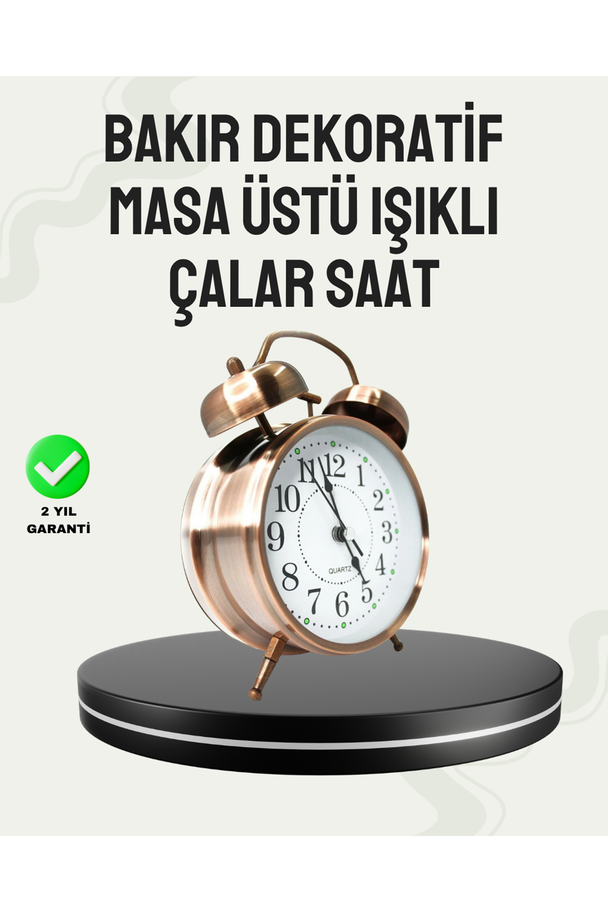 Nostaljik Büyük Boy Metal Masa Saati Bronz Kaplama ve Yüksek Sesli Alarm
