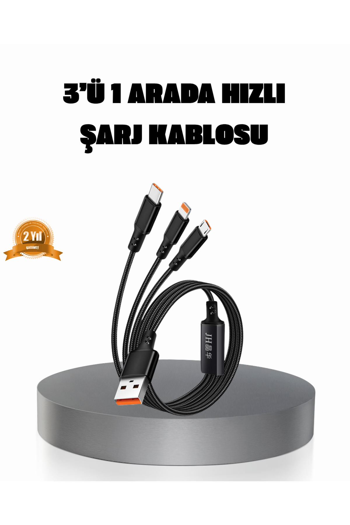 3’ü 1 Arada Şarj Kablosu Type-C iOS Android Uyumlu Hızlı ve Güvenli Şarj