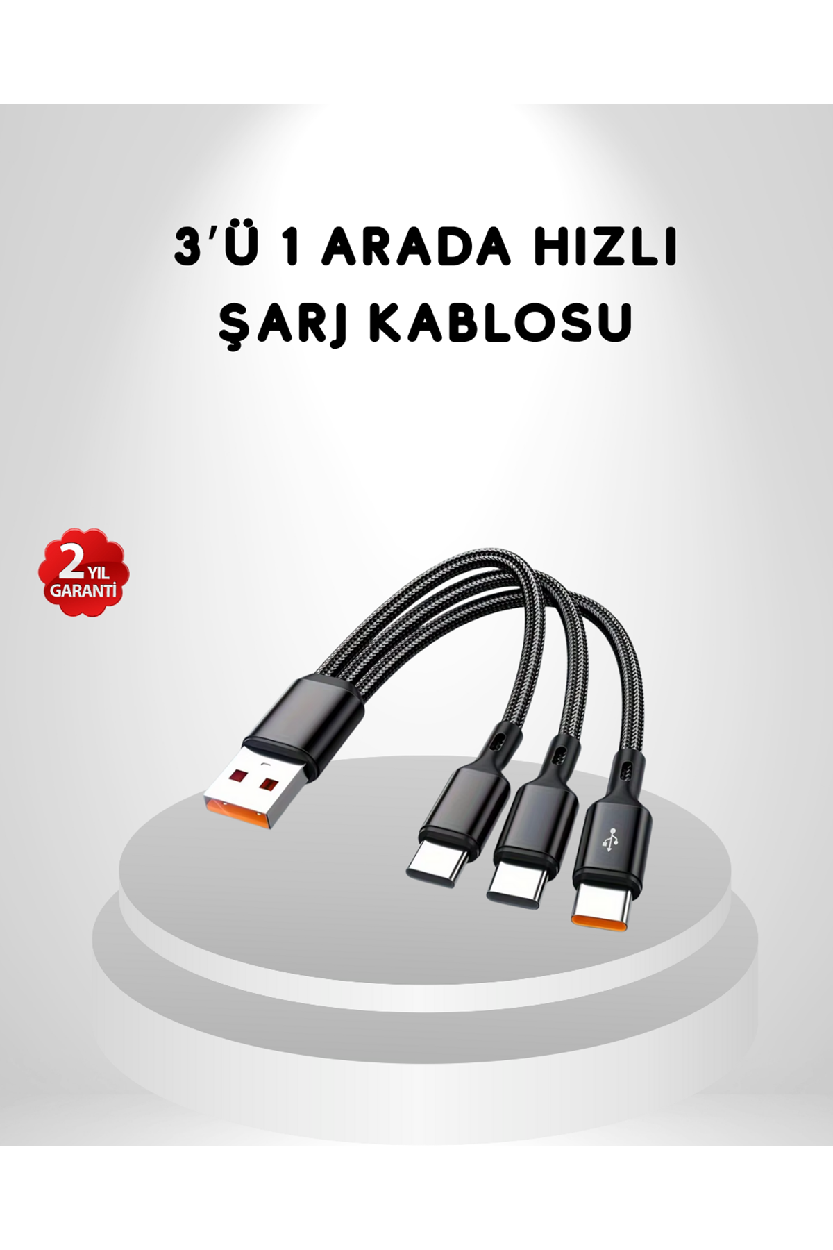 3’ü 1 Arada Hızlı Şarj Kablosu iOS Android Type-C Uyumlu ve Dayanıklı