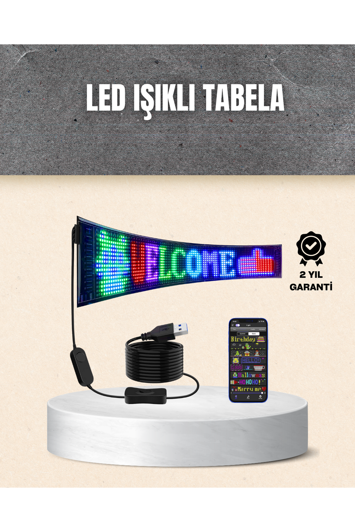 RGB Kayar Yazılı LED Reklam Ekranı – USB Bağlantılı Esnek Tasarım