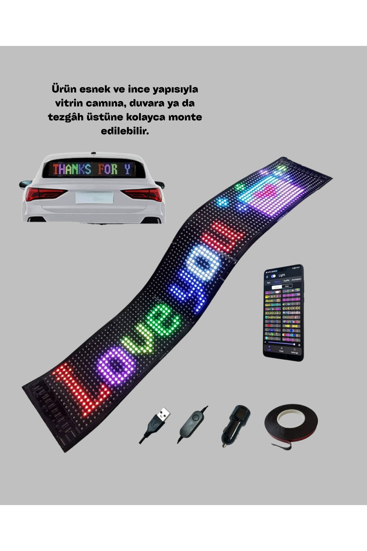USB Girişli RGB LED Tabela Ayarlanabilir Parlaklık ve Kayan Yazı Özellikli