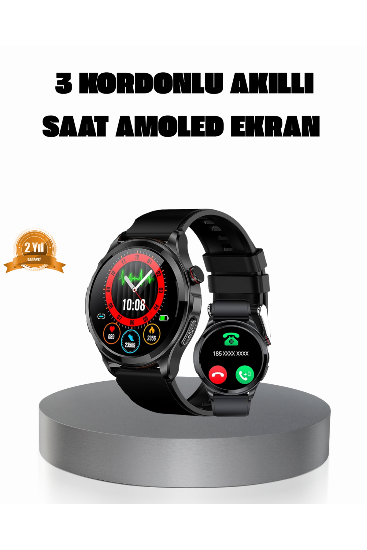 AMOLED Ekranlı Smartwatch – 3 Kordonlu, Kalp Atış & Uyku Takipli Akıllı Saat