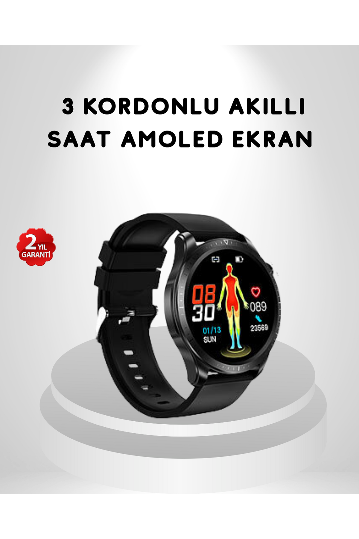 AMOLED Ekranlı Akıllı Saat – 3 Kordon Seçenekli, Suya Dayanıklı, Kalp Atış ve Uyku Takip Özellikli