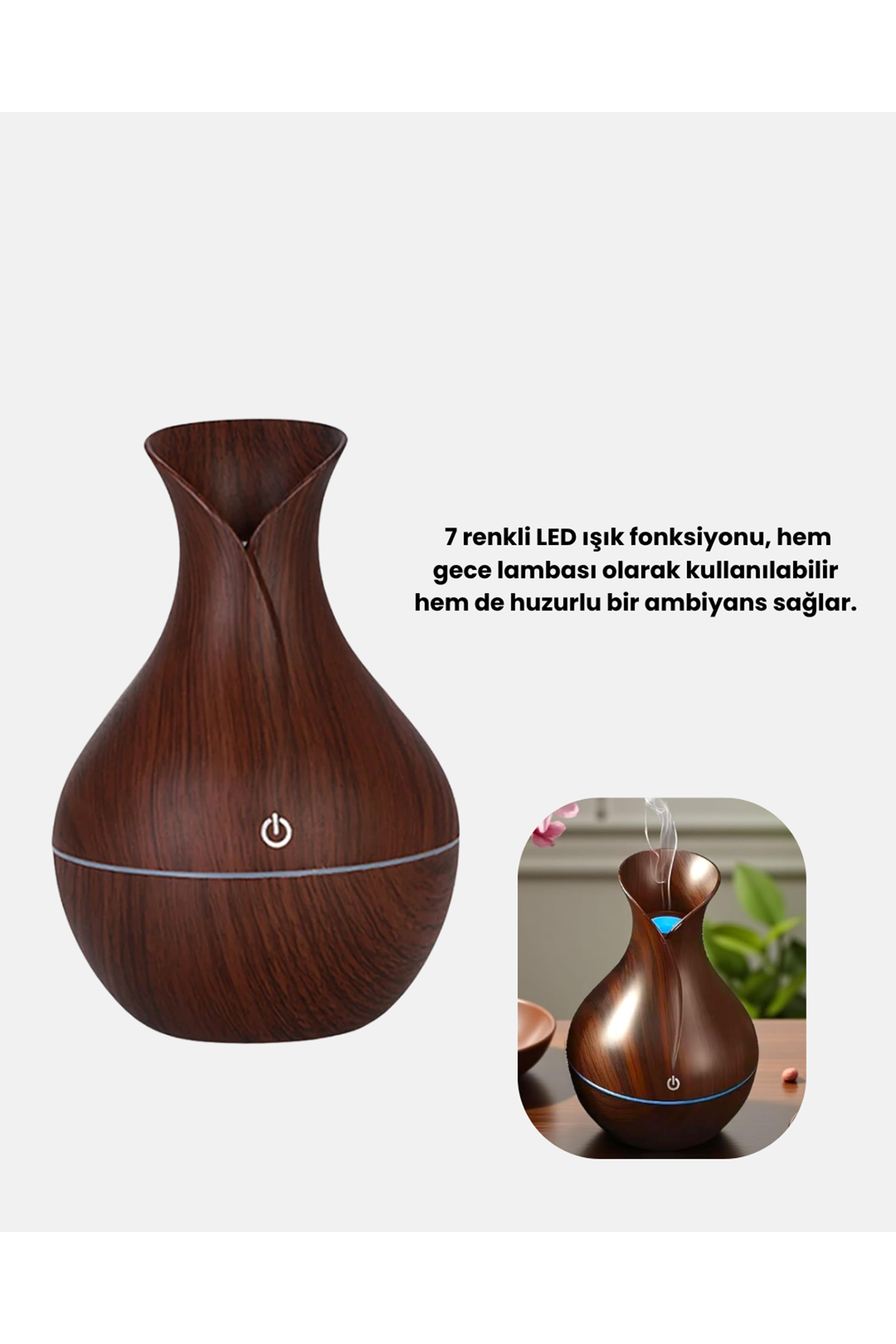 Ahşap Desenli Aromaterapi Difüzör 130 ml Ultrasonik ve 7 Renk LED Işıklı