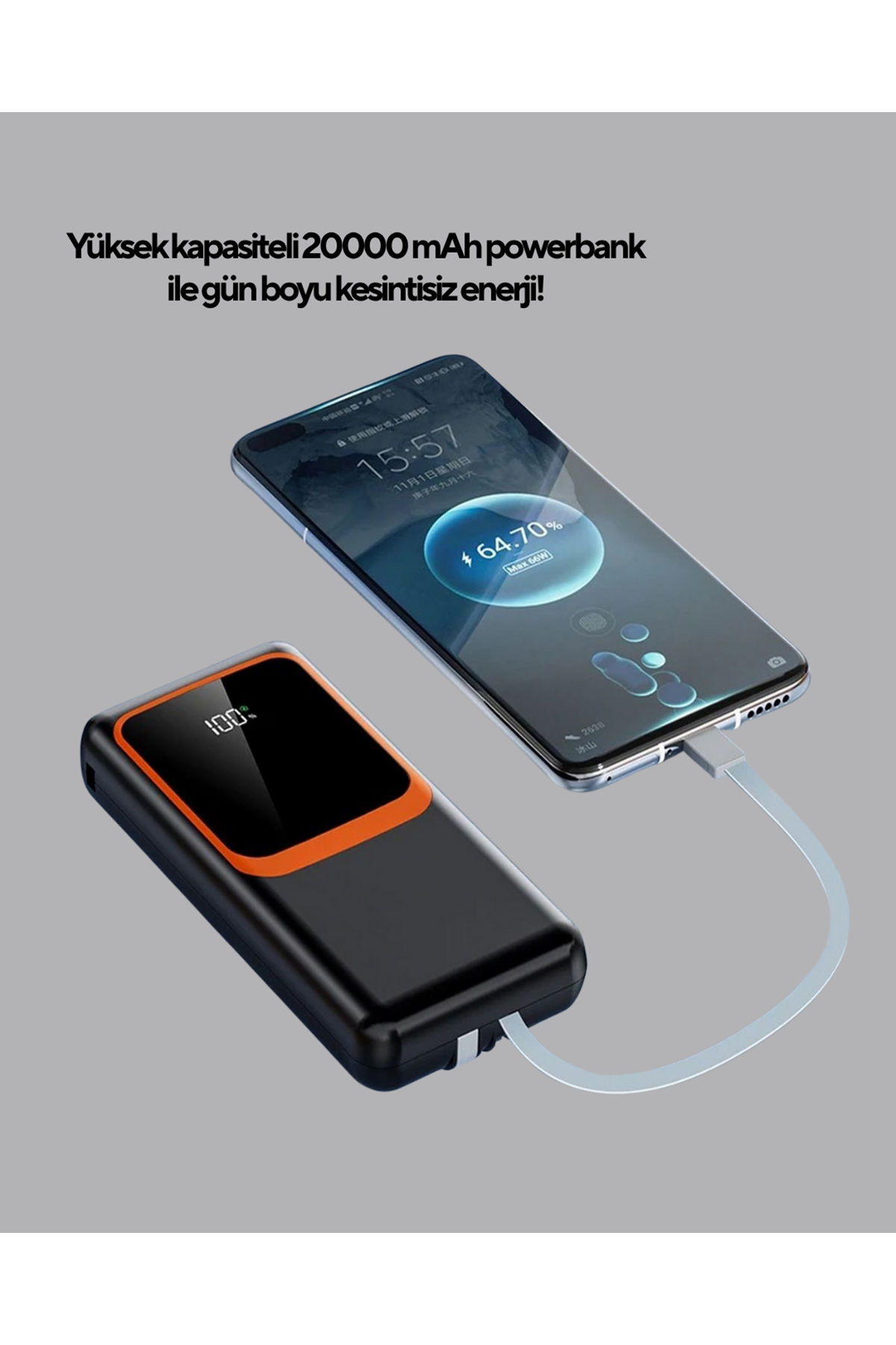 Powerbank 20000 mAh Dijital Ekranlı ve Çok Kablolu Hızlı Şarj Cihazı