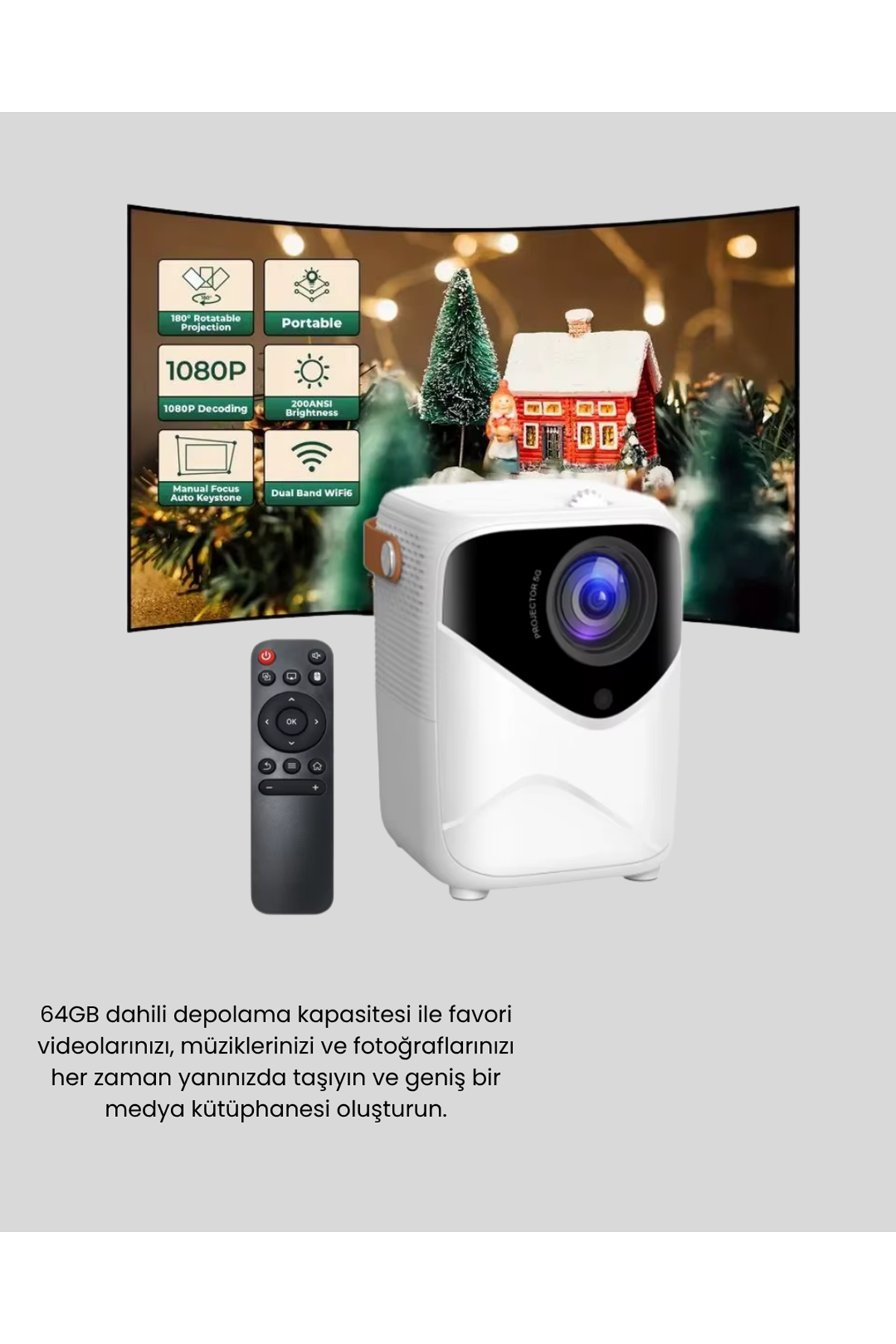 Mini Akıllı Projektör – 1080P Full HD, 64GB Depolama, 2GB RAM, Uzaktan Kumanda Destekli