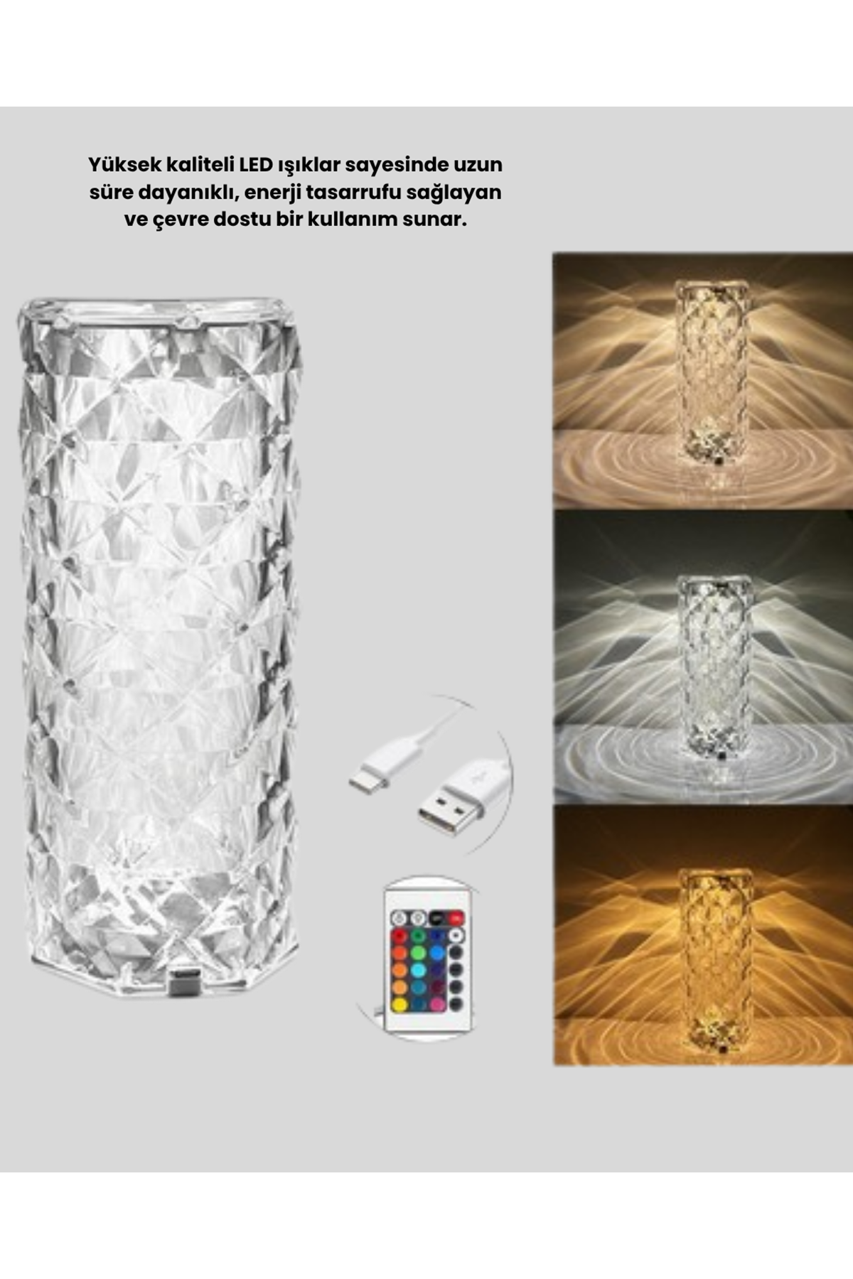 Kristal Tasarımlı RGB LED Gece Lambası – Kumandalı, Renk Değiştiren Dekoratif Işık