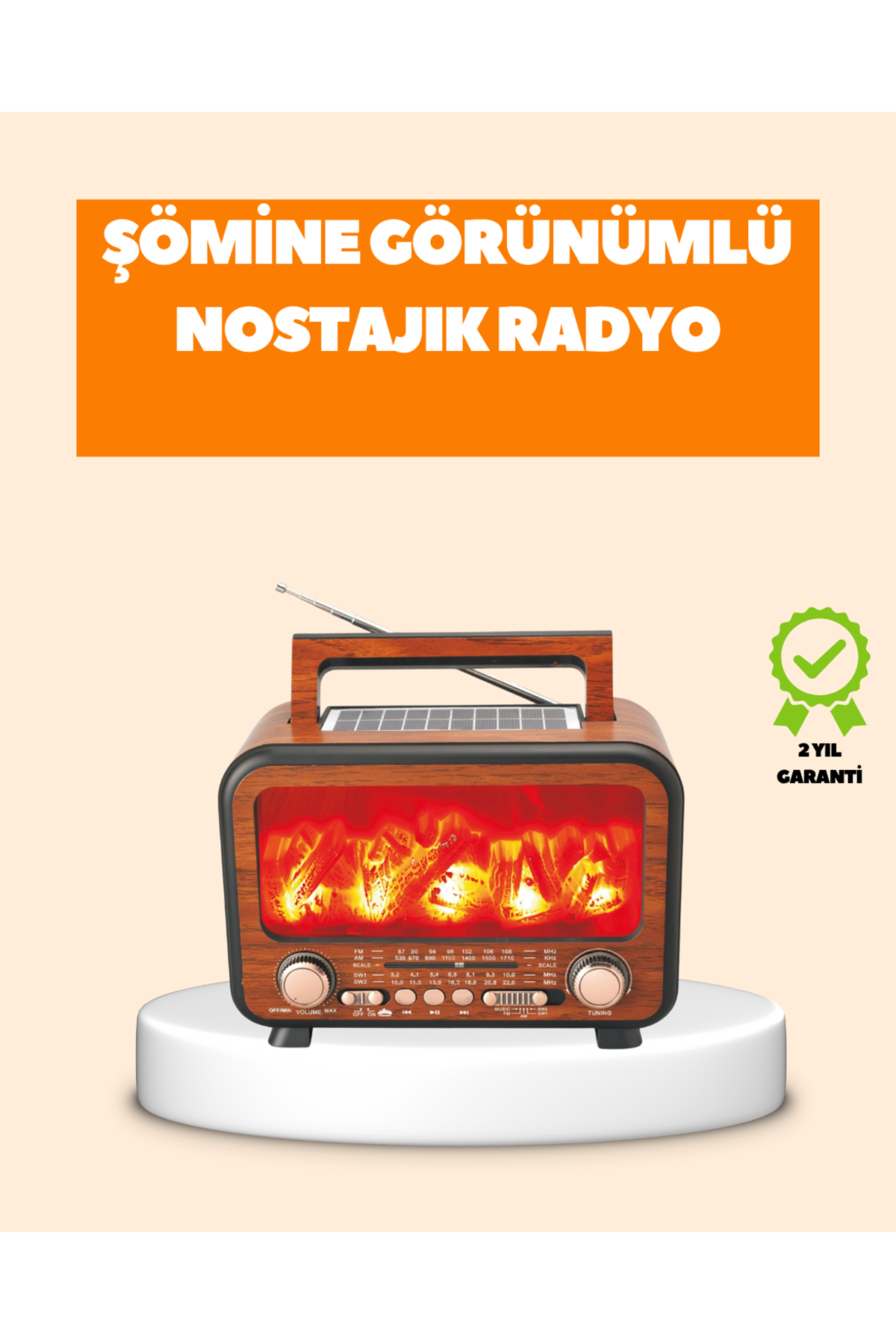 Şömine Alev Işıklı Solar Bluetooth Hoparlör – 7W Güçlü Ses, FM Radyo