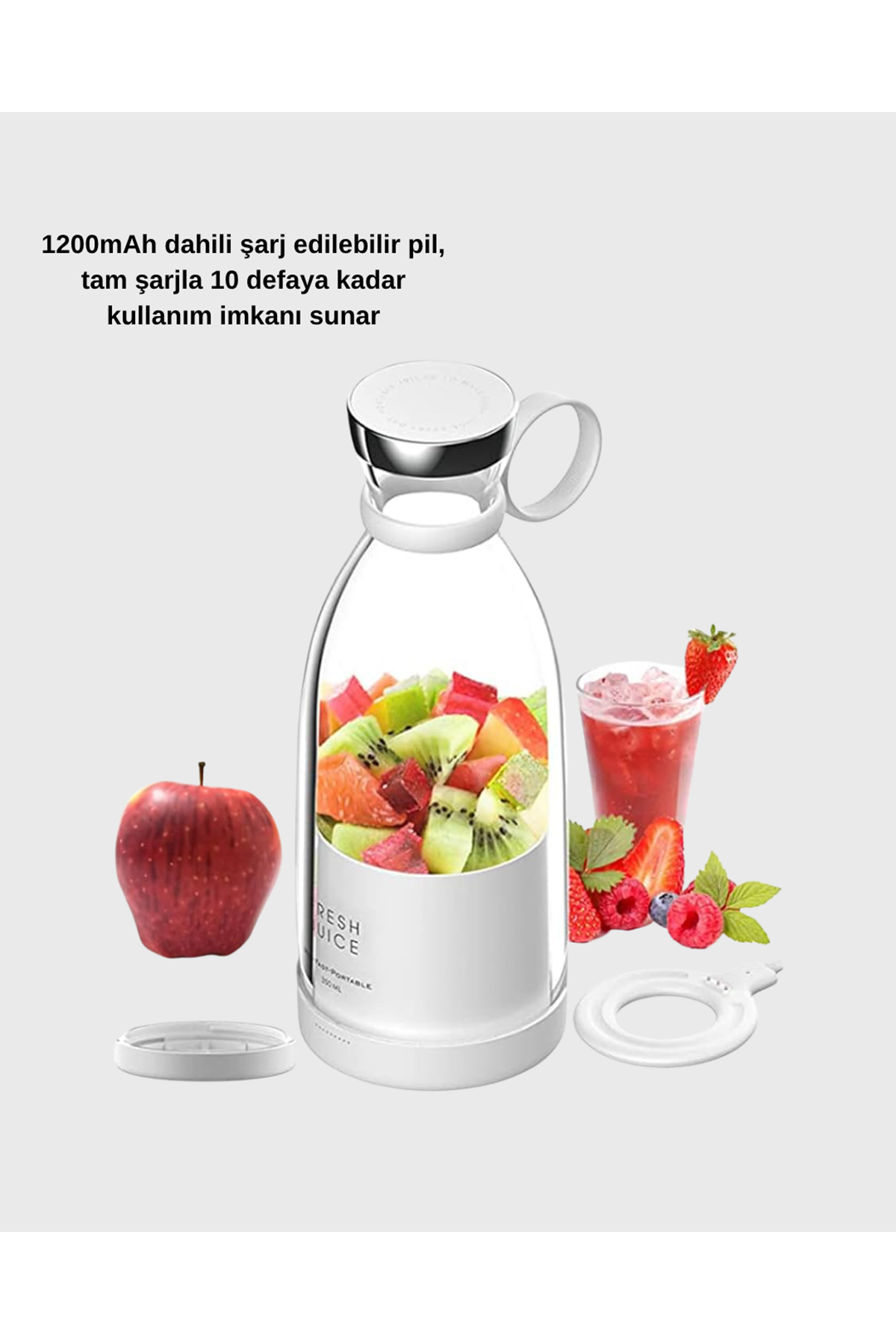 Şarjlı Portatif Blender – Gıda Sınıfı Malzeme, 10 Kullanımlık Pil, Mini Boy ve Hafif Tasarım
