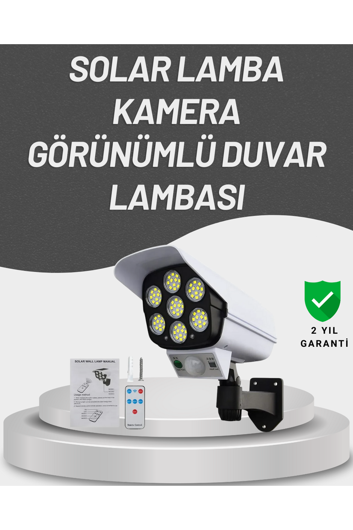 77 LED'li Güneş Enerjili Güvenlik Lambası ve Kukla Kamera – Hareket Sensörlü, 2400mAh Pilli