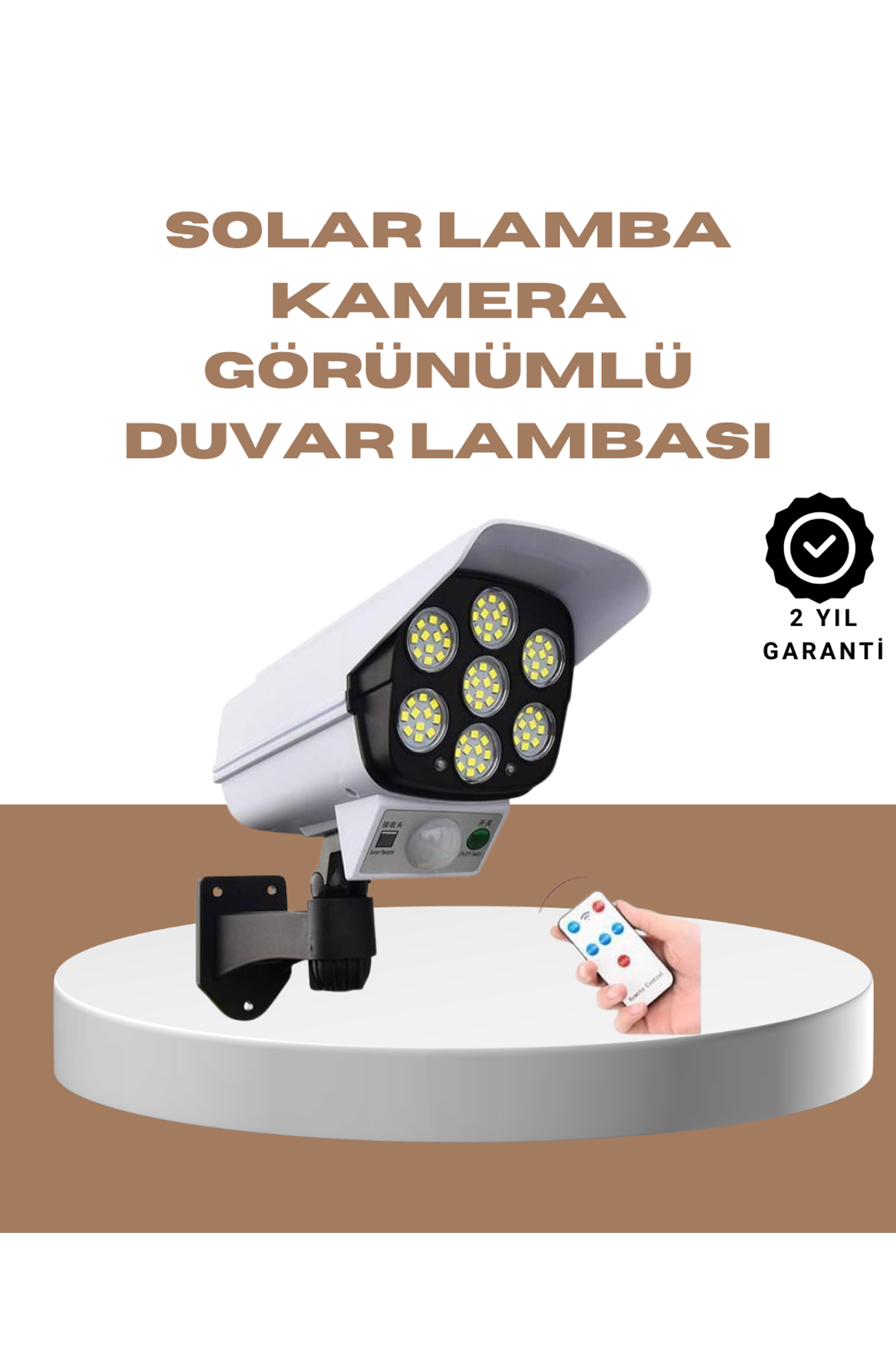 Güneş Enerjili LED Lamba + Güvenlik Kamerası Görünümlü– 5-8 m Hareket Algılamalı, Beyaz Işık