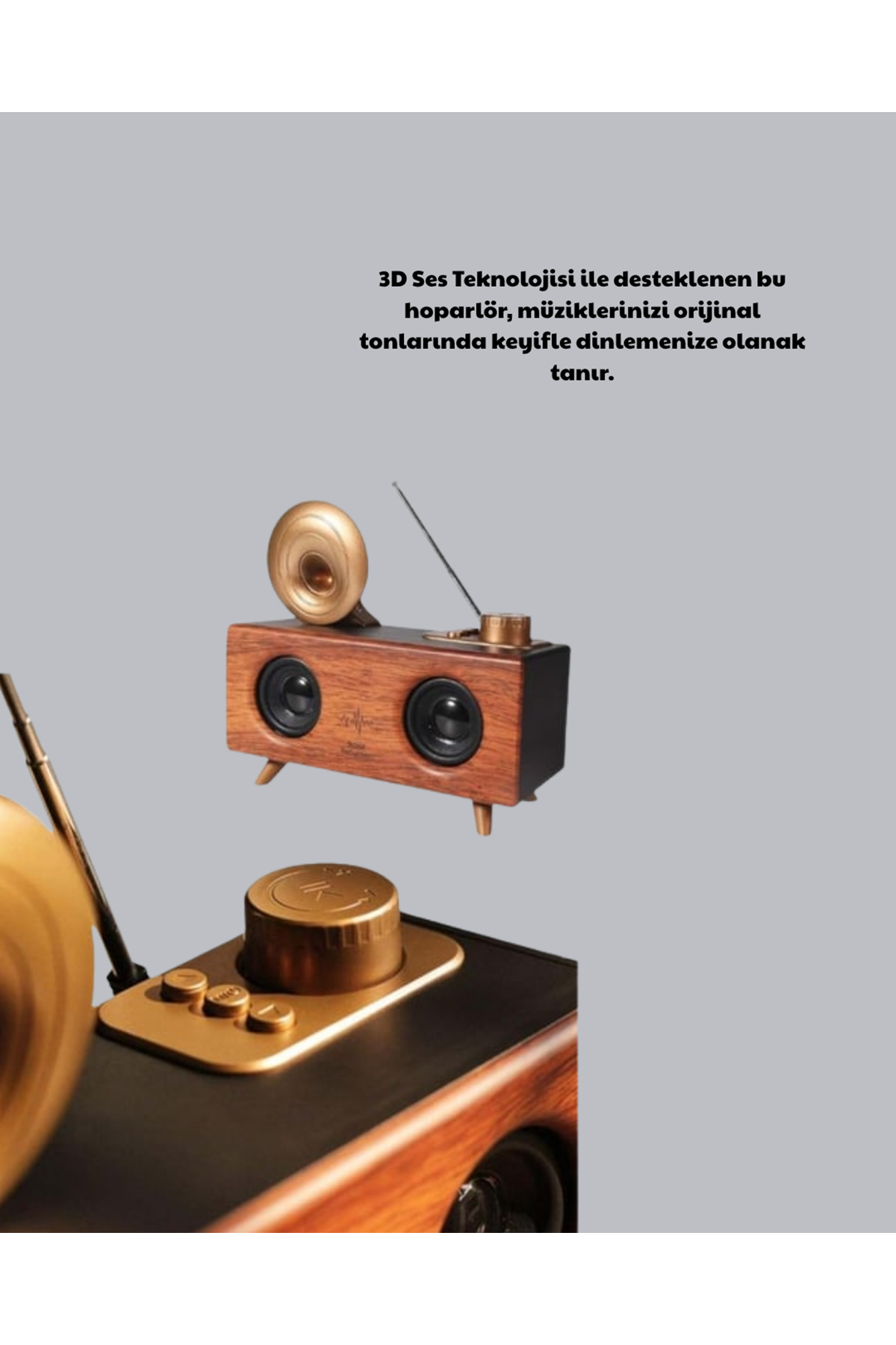 Çift Hoparlörlü Bluetooth Gramofon Speaker – FM Radyo, USB, SD Kart ve AUX Girişli