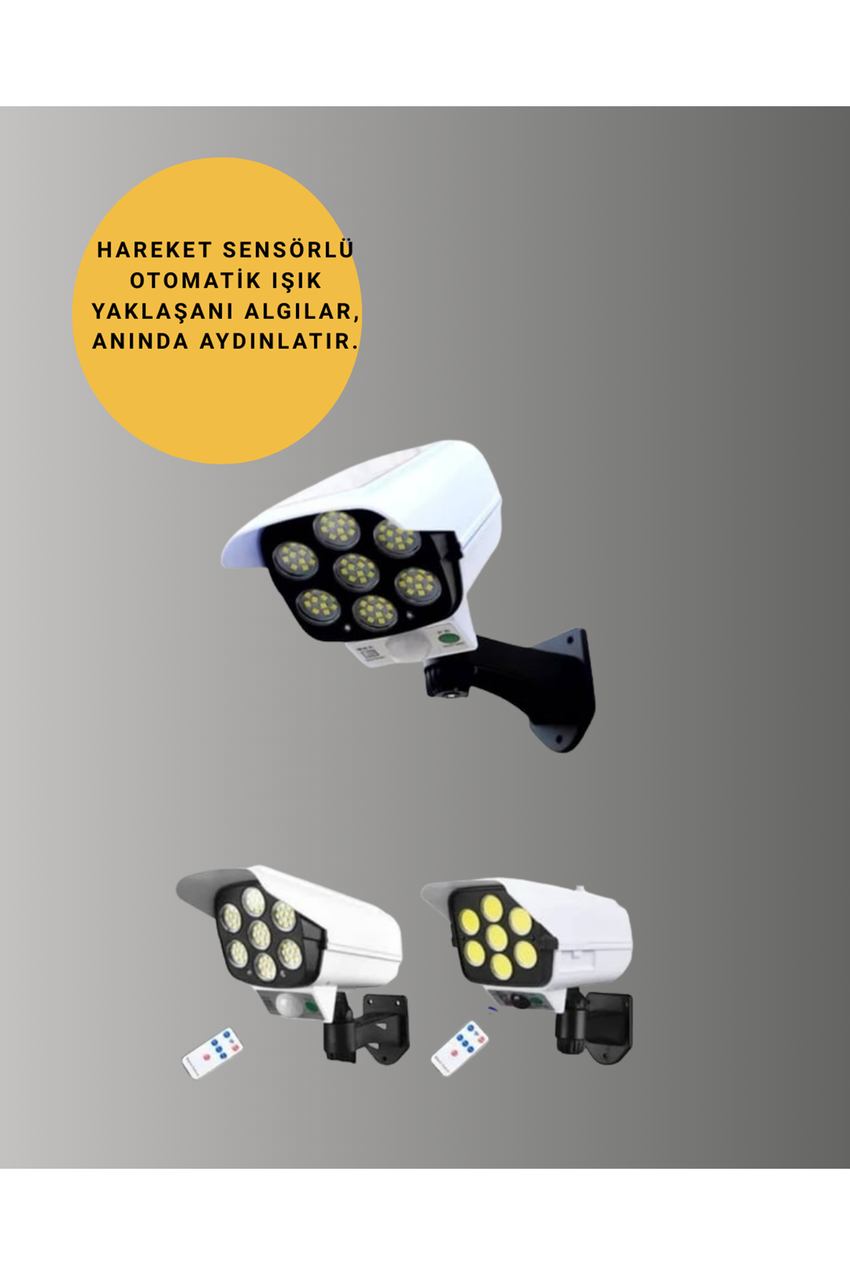 Güneş Enerjili LED Lamba + Güvenlik Kamerası Görünümlü– 5-8 m Hareket Algılamalı, Beyaz Işık