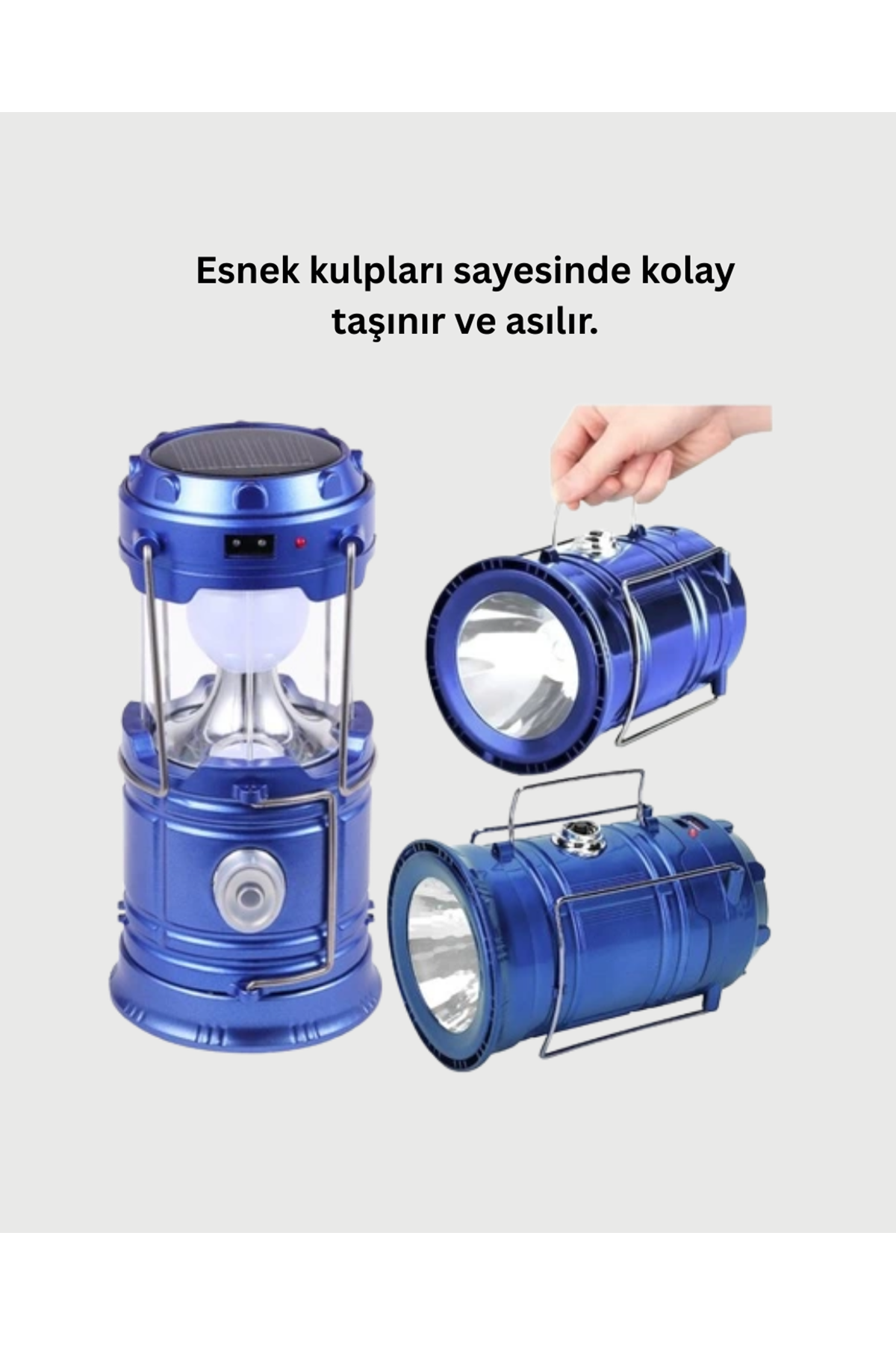 Güneş Enerjili Kızaklı Şarjlı Büyük Boy Kamp Feneri – USB Çıkışlı, Katlanabilir, Çok Fonksiyonlu