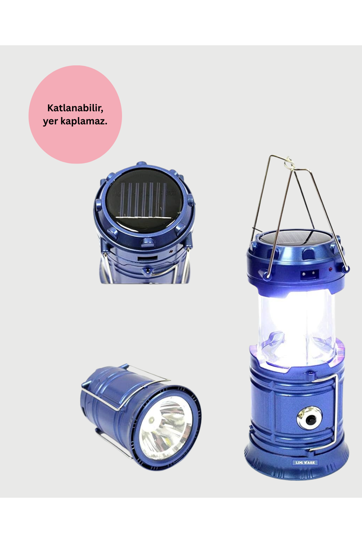 Güneş Enerjili Kızaklı Şarjlı Büyük Boy Kamp Feneri – USB Çıkışlı, Katlanabilir, Çok Fonksiyonlu