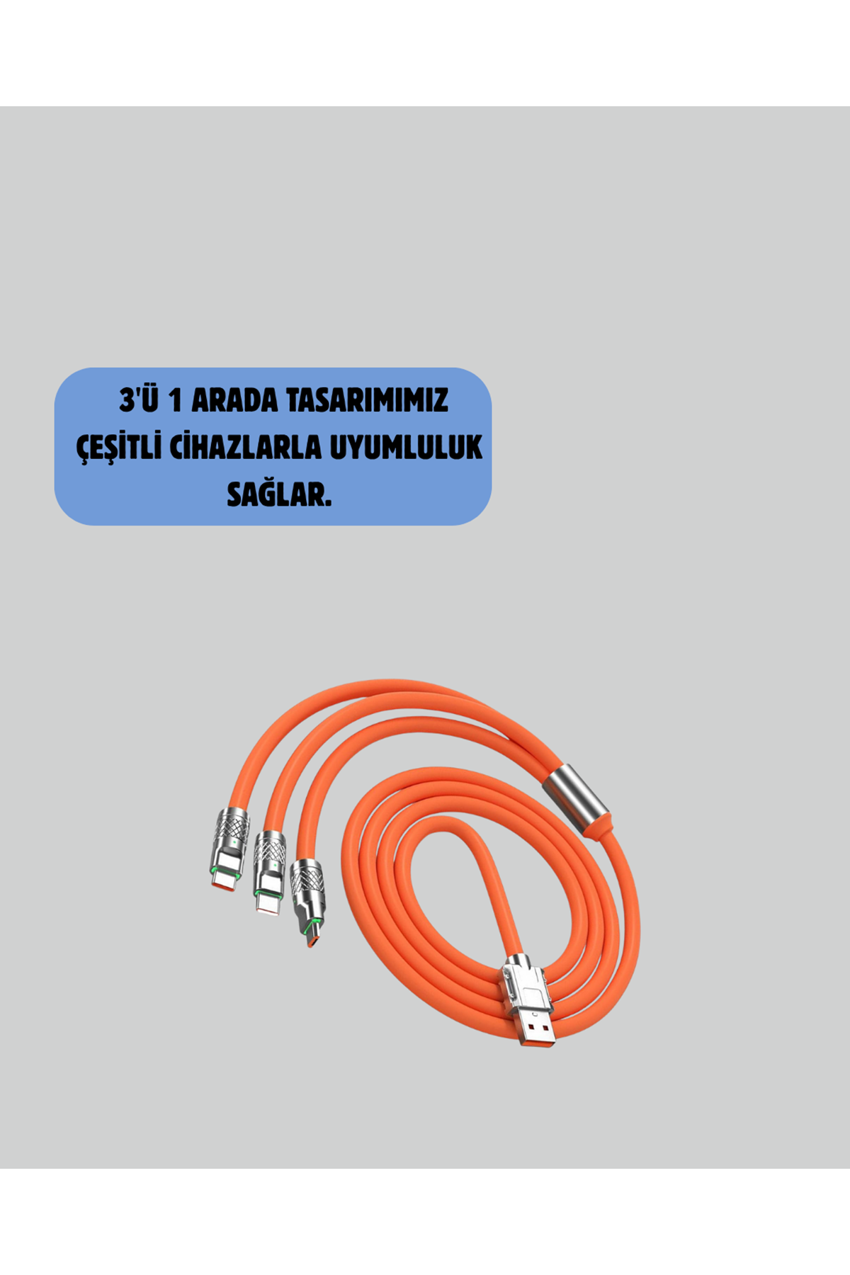 3’ü 1 Arada Kablo – 120W Hızlı Şarj ve Veri Aktarımı Özellikli
