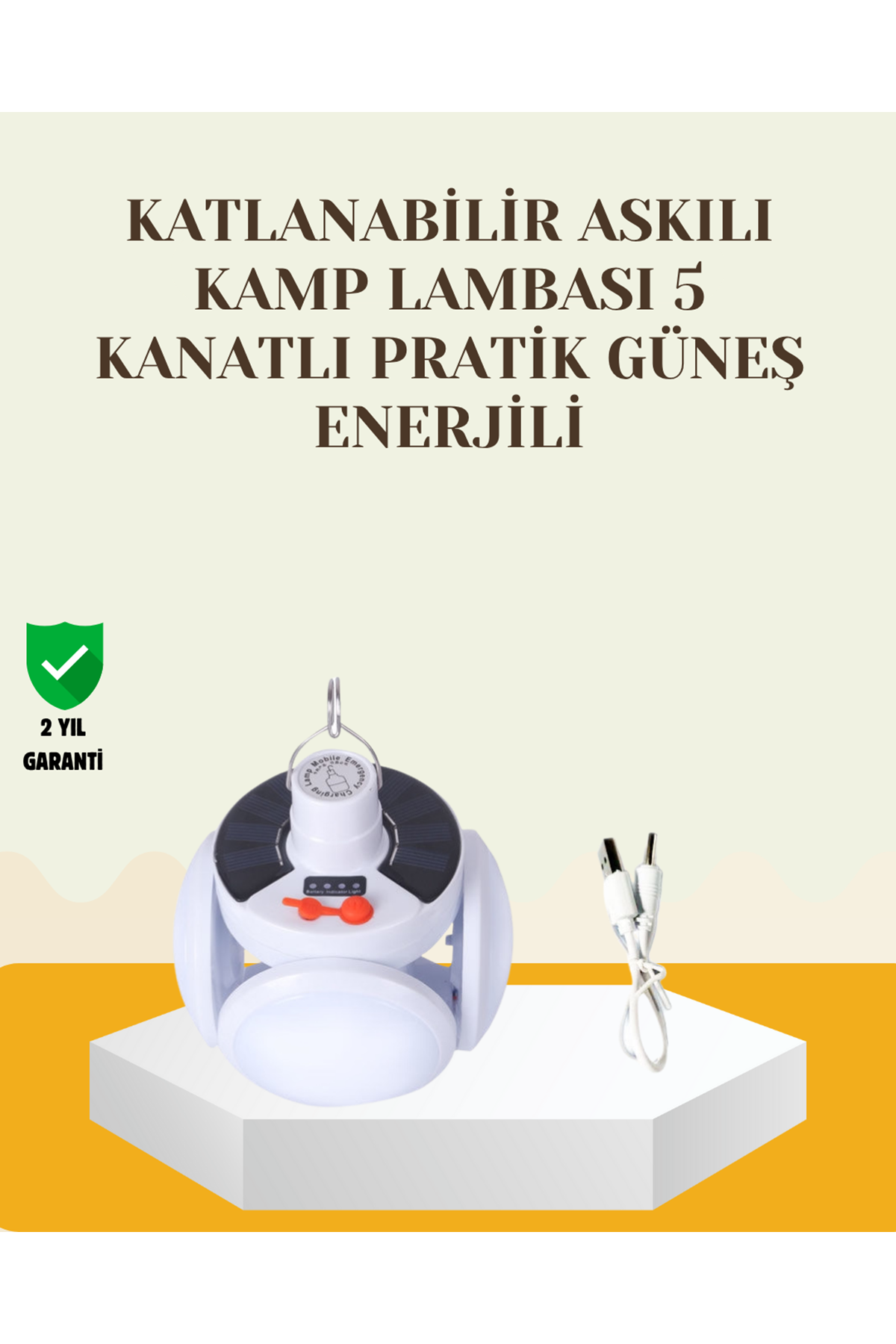 Güneş Paneliyle Şarj Olan Katlanabilir LED Çadır Lambası – 5 Kademeli Aydınlatma