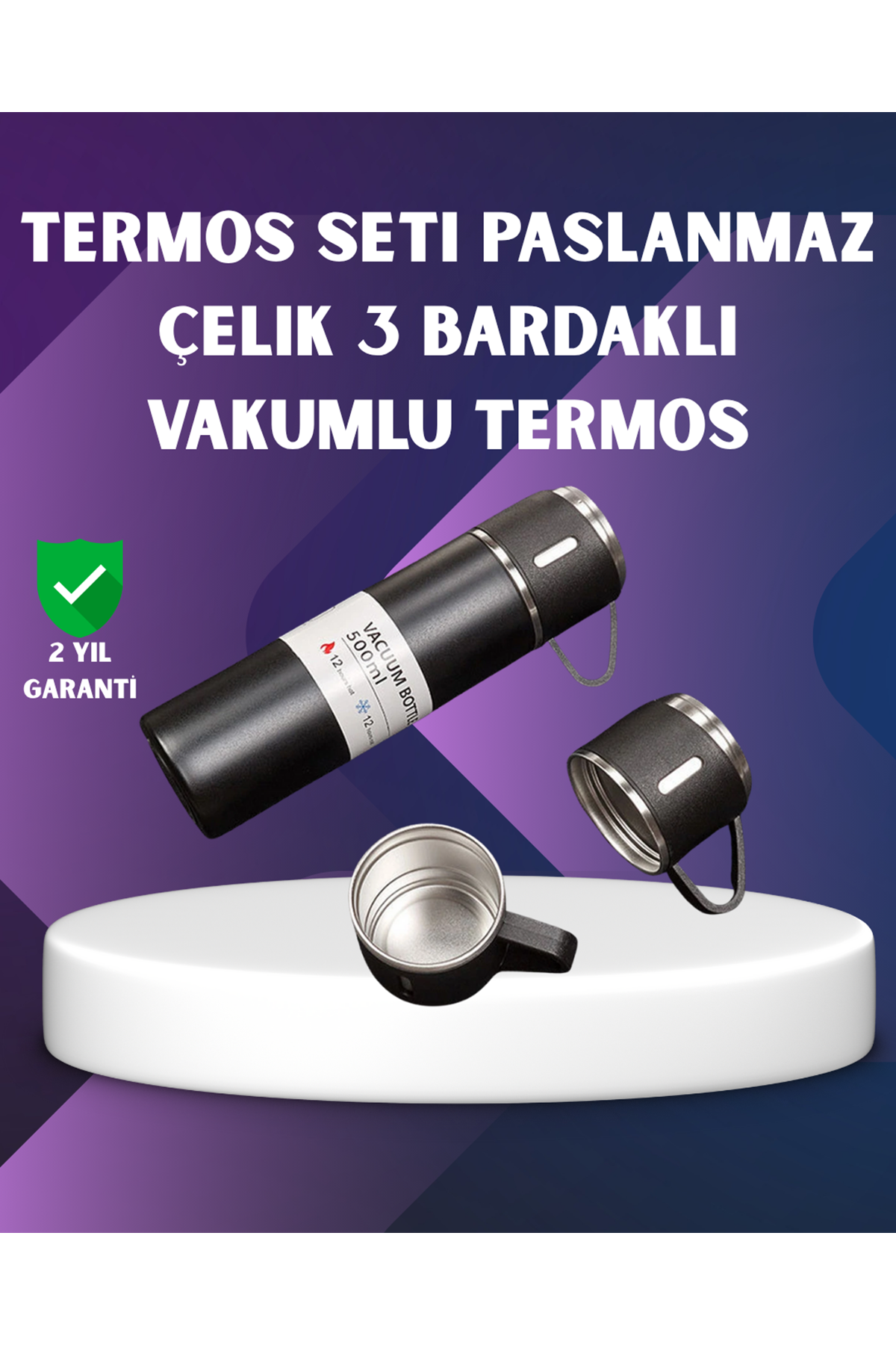 Paslanmaz Termos ve İkili Bardak Seti | 6-12 Saat Sıcak/Soğuk Tutma