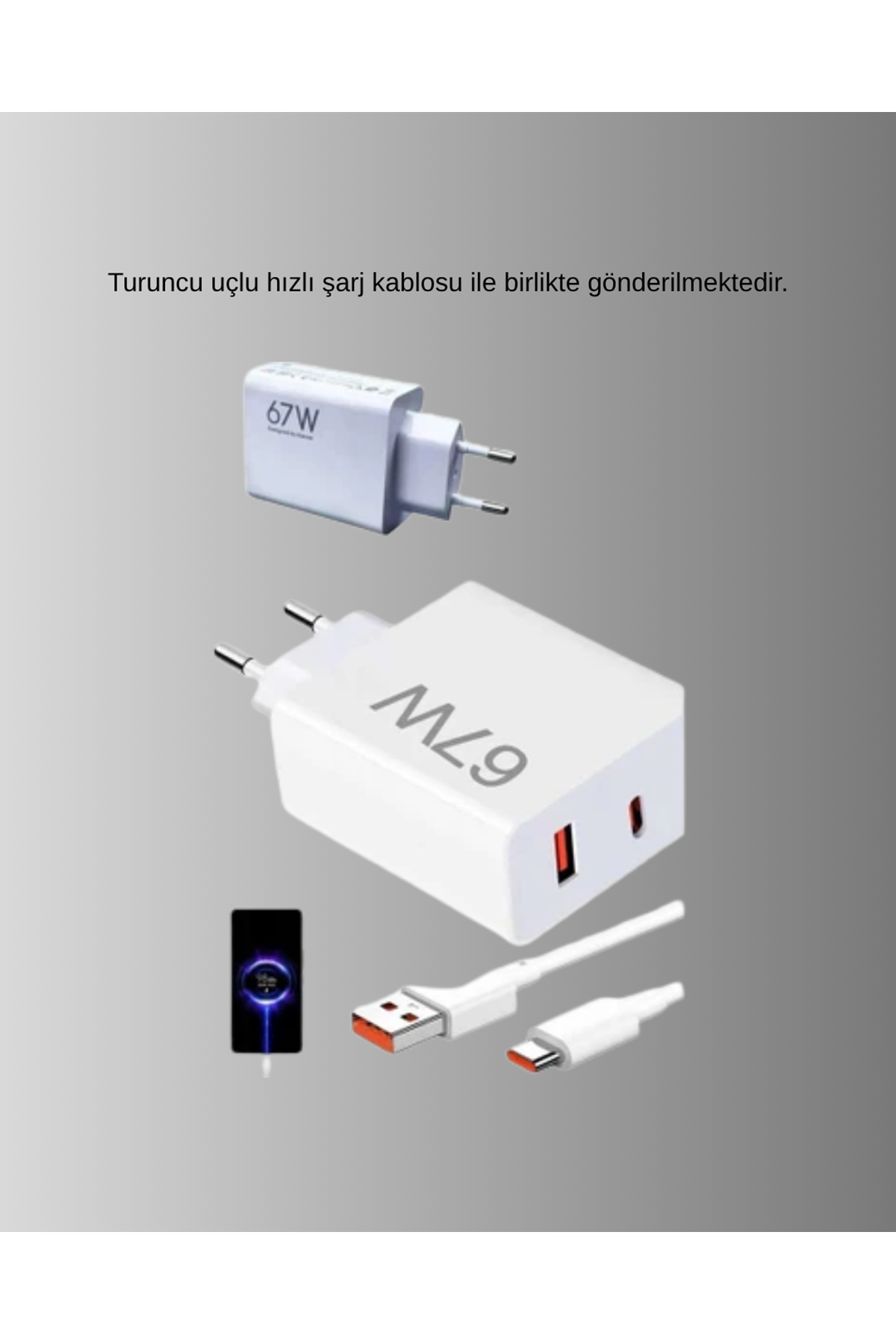 67W Süper Hızlı Şarj Adaptörü ve Kablo Seti – Güvenli, Kompakt ve Ergonomik Tasarım
