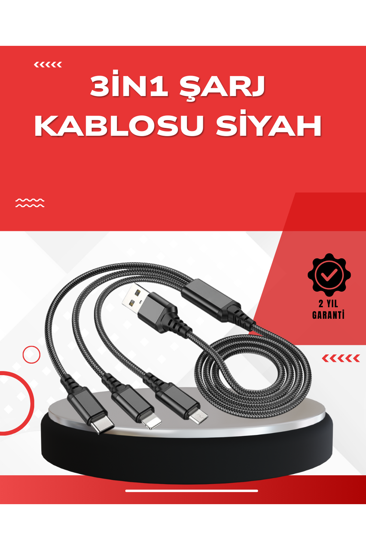 Dayanıklı Metal Başlıklı 3’ü 1 Arada Şarj Kablosu – Tüm Cihazlarla Uyumlu