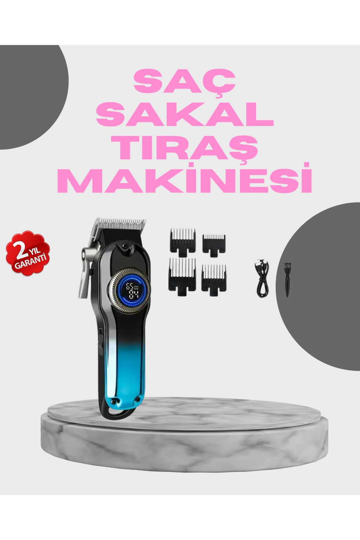 Profesyonel Saç Kesme Makinesi – 2000 mAh Şarjlı, LCD Ekranlı