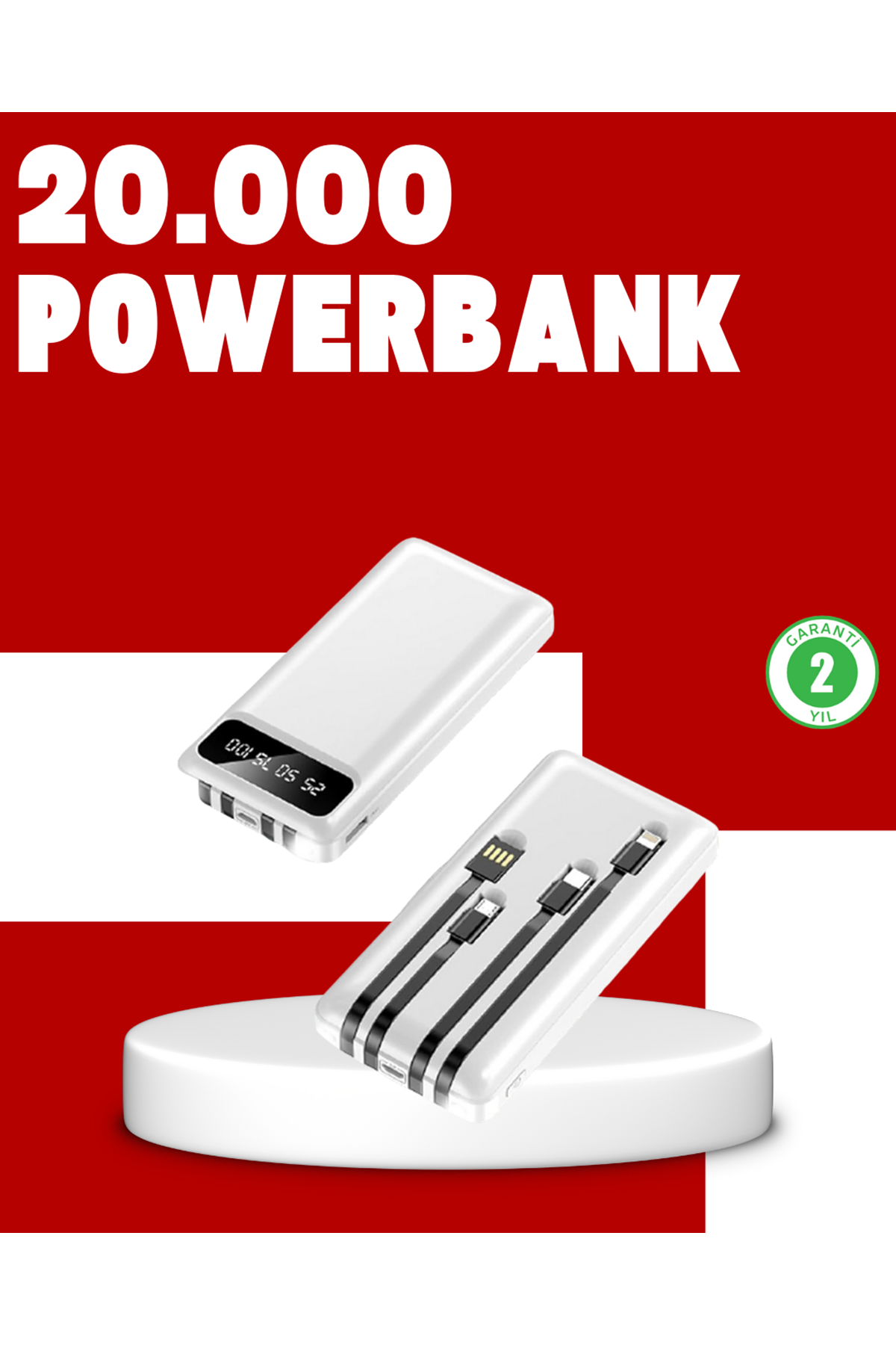 20.000mAh PD Powerbank LED Işık LCD Ekran Dahili Kablo Çoklu Giriş
