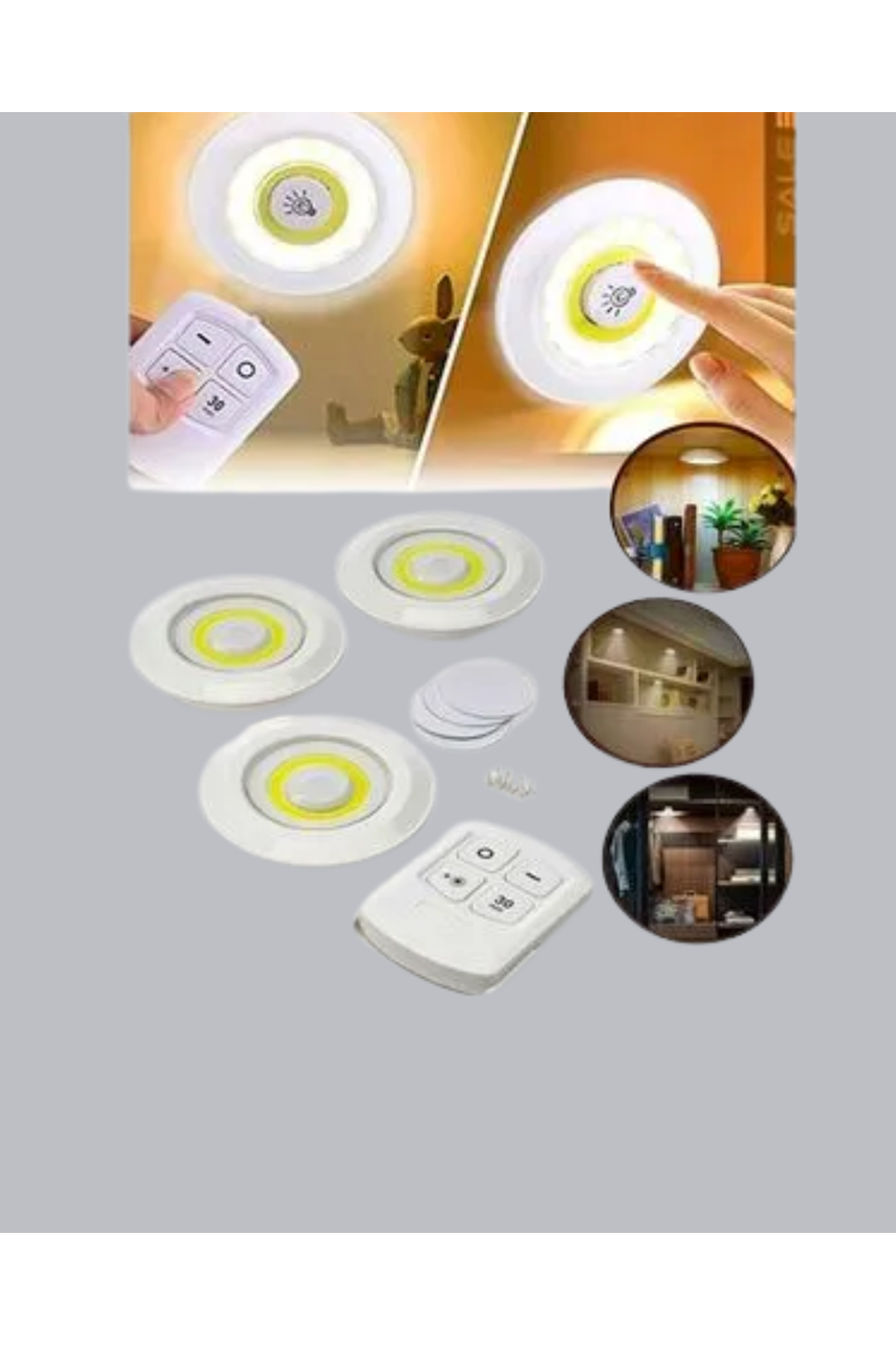 Çok Amaçlı Kullanım İçin Kablosuz Yapışkanlı 3 Lü Uzaktan Kumandalı Led Spot Lamba