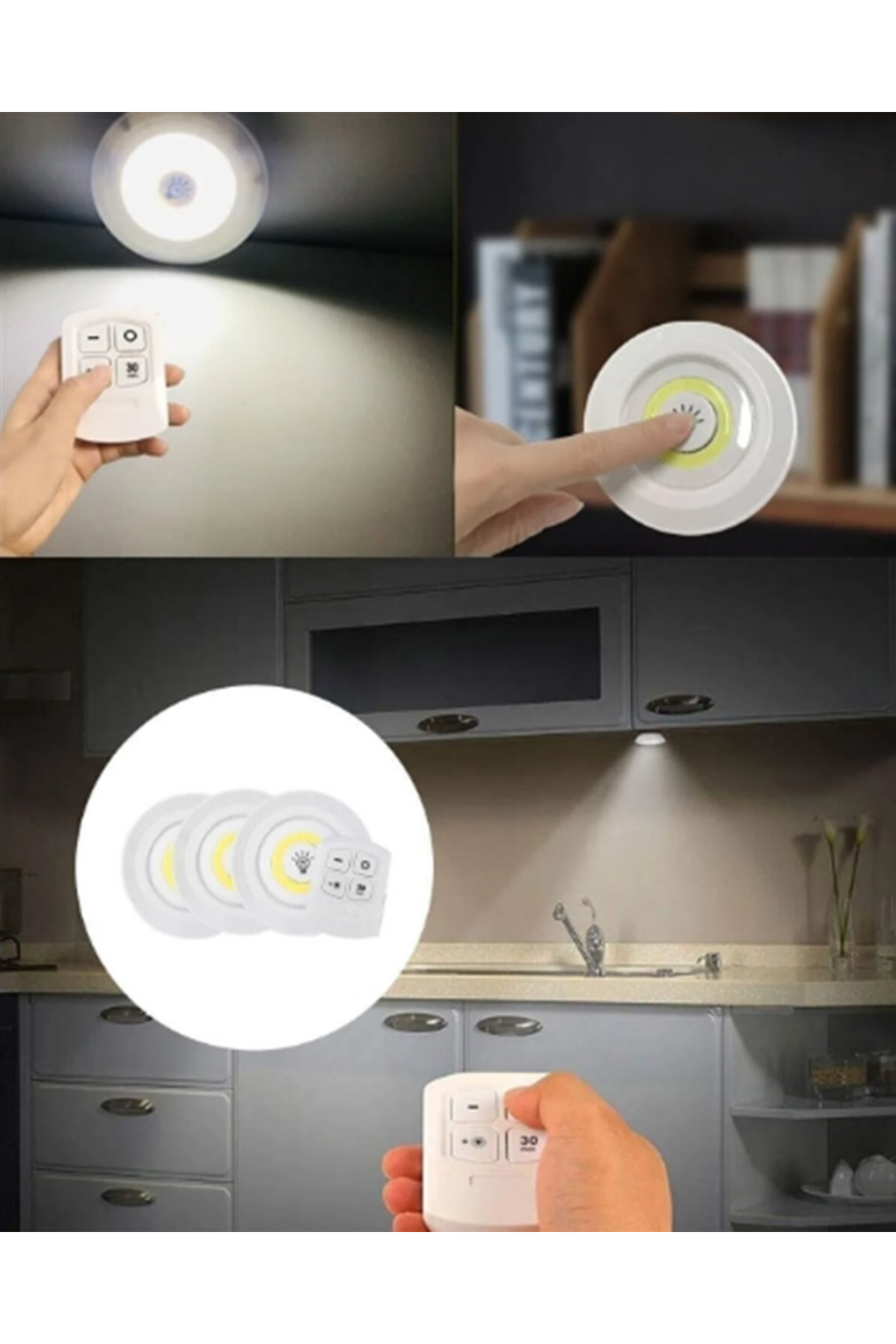 Uzaktan Kumanda İle Kontrol Edilebilen Yapışkanlı 3 Lü Kablosuz Led Spot Lamba