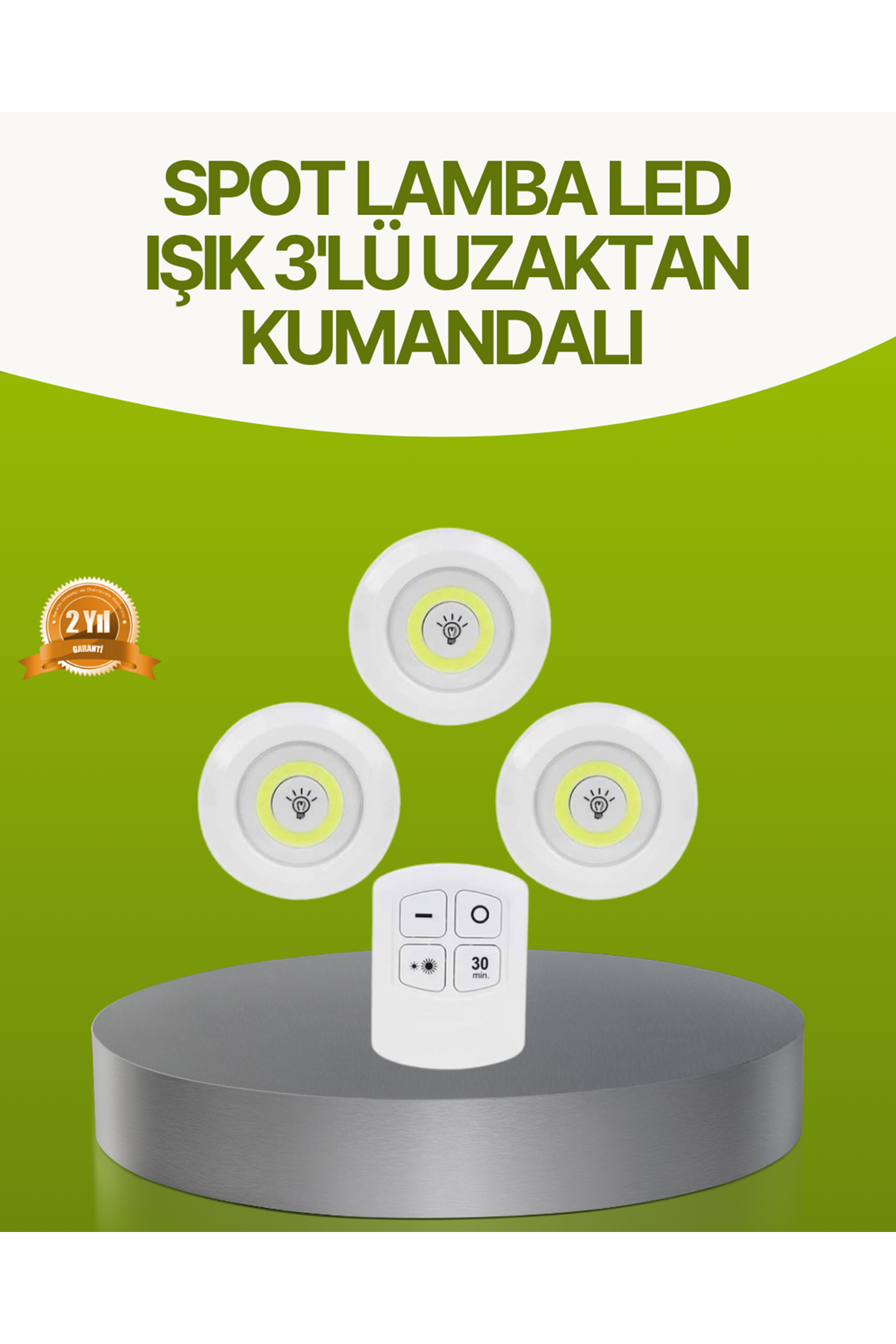 Uzaktan Kumandalı 3 Lü Kablosuz Led Spot Lamba Seti Yapışkanlı Pratik Kullanım