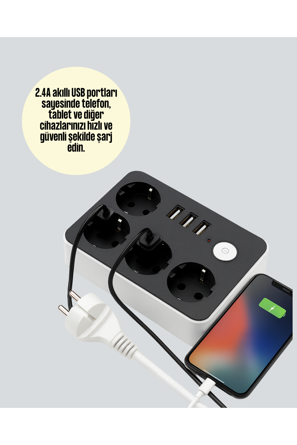 4.1A Hızlı Şarjlı Akım Korumalı 4 Priz ve 3 USB Çıkışlı Priz
