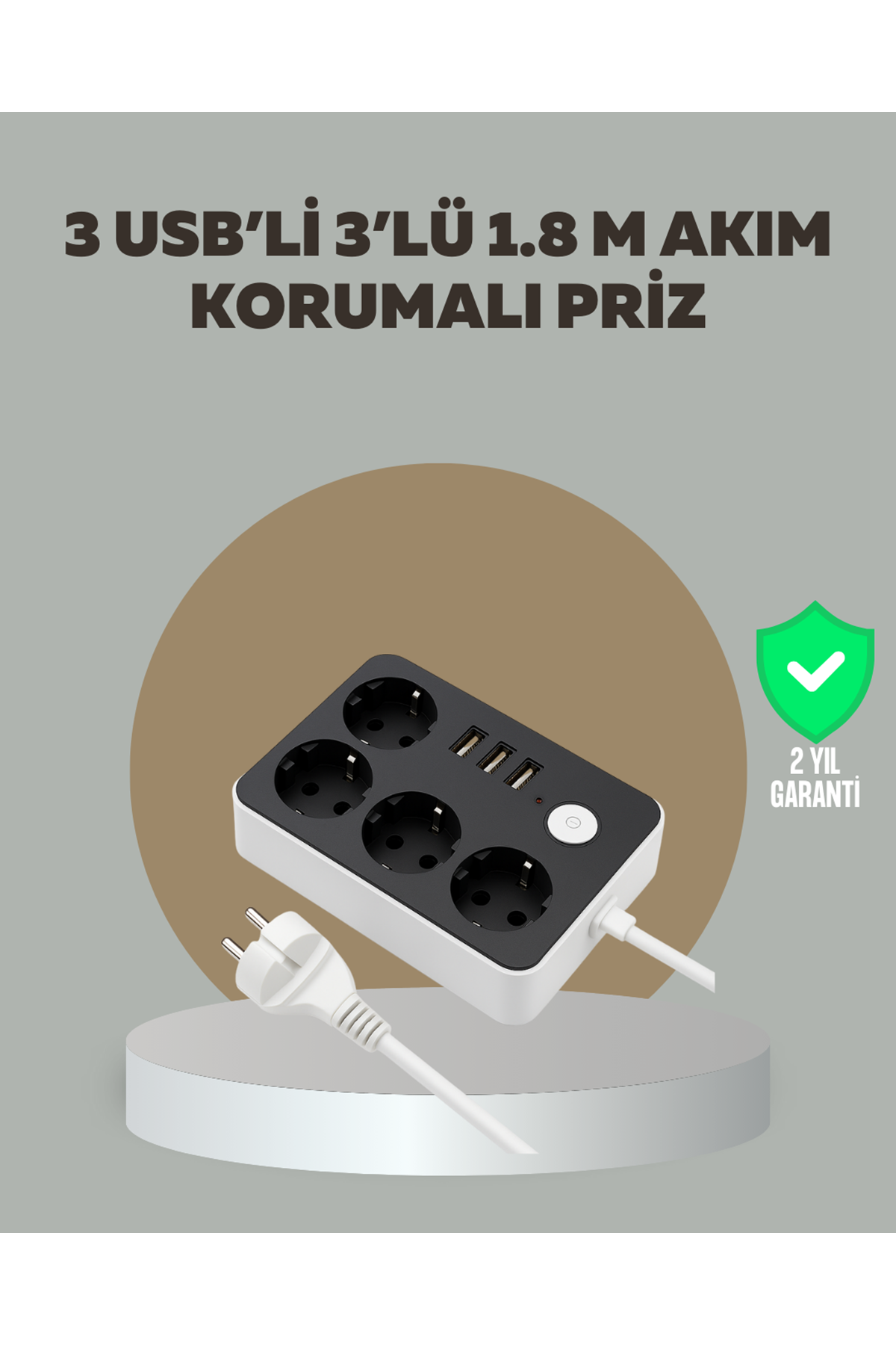4 Prizli 3 USB Portlu Anahtarlı Akım Korumalı Priz