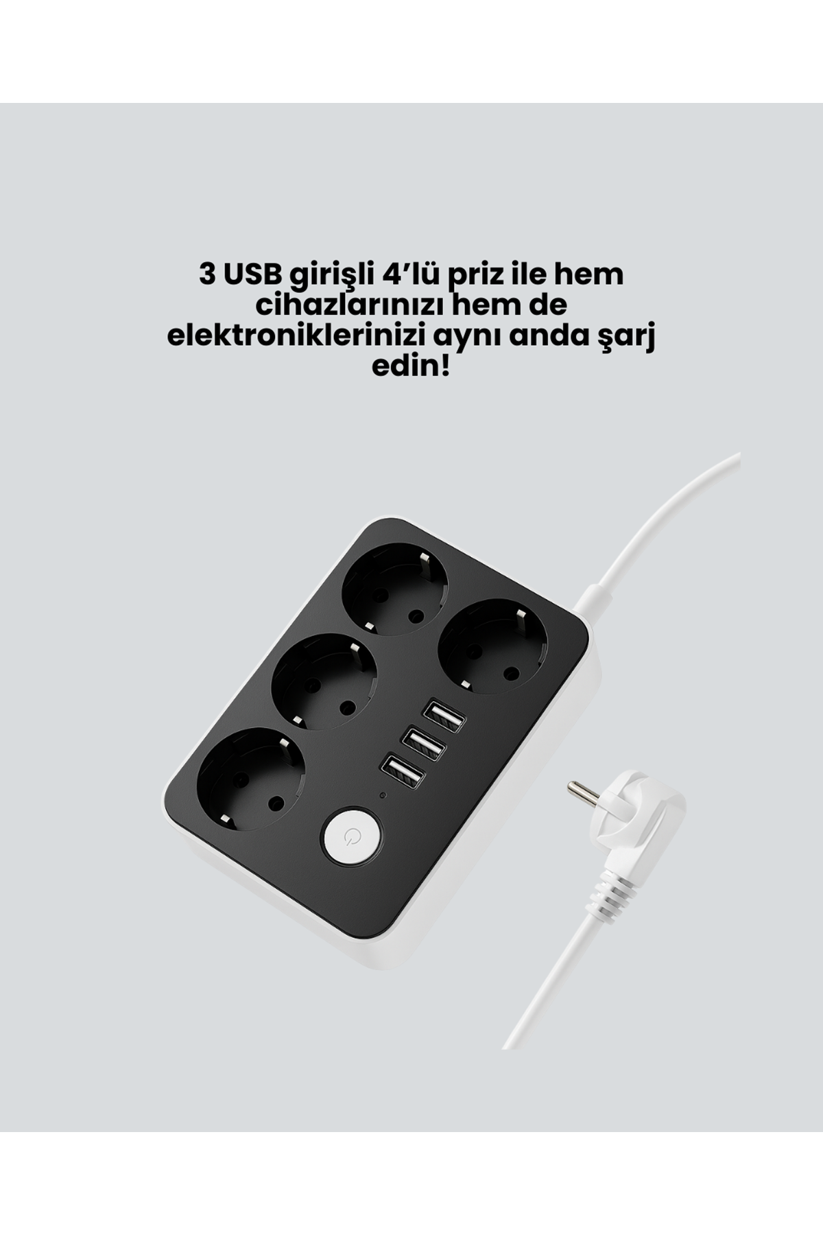 3 USB Çıkışlı 4’lü Akıllı Priz 2500W 2 Metre Kablo