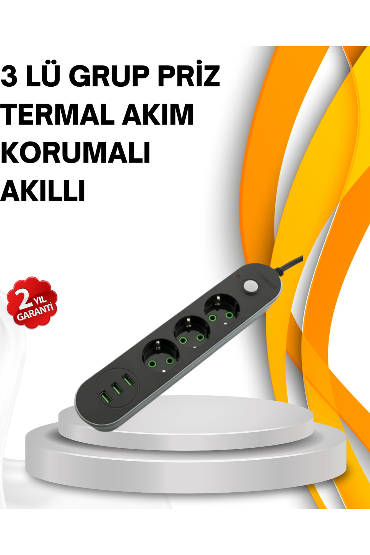 Hızlı Şarj Özellikli 3 USB Girişli Üçlü Priz