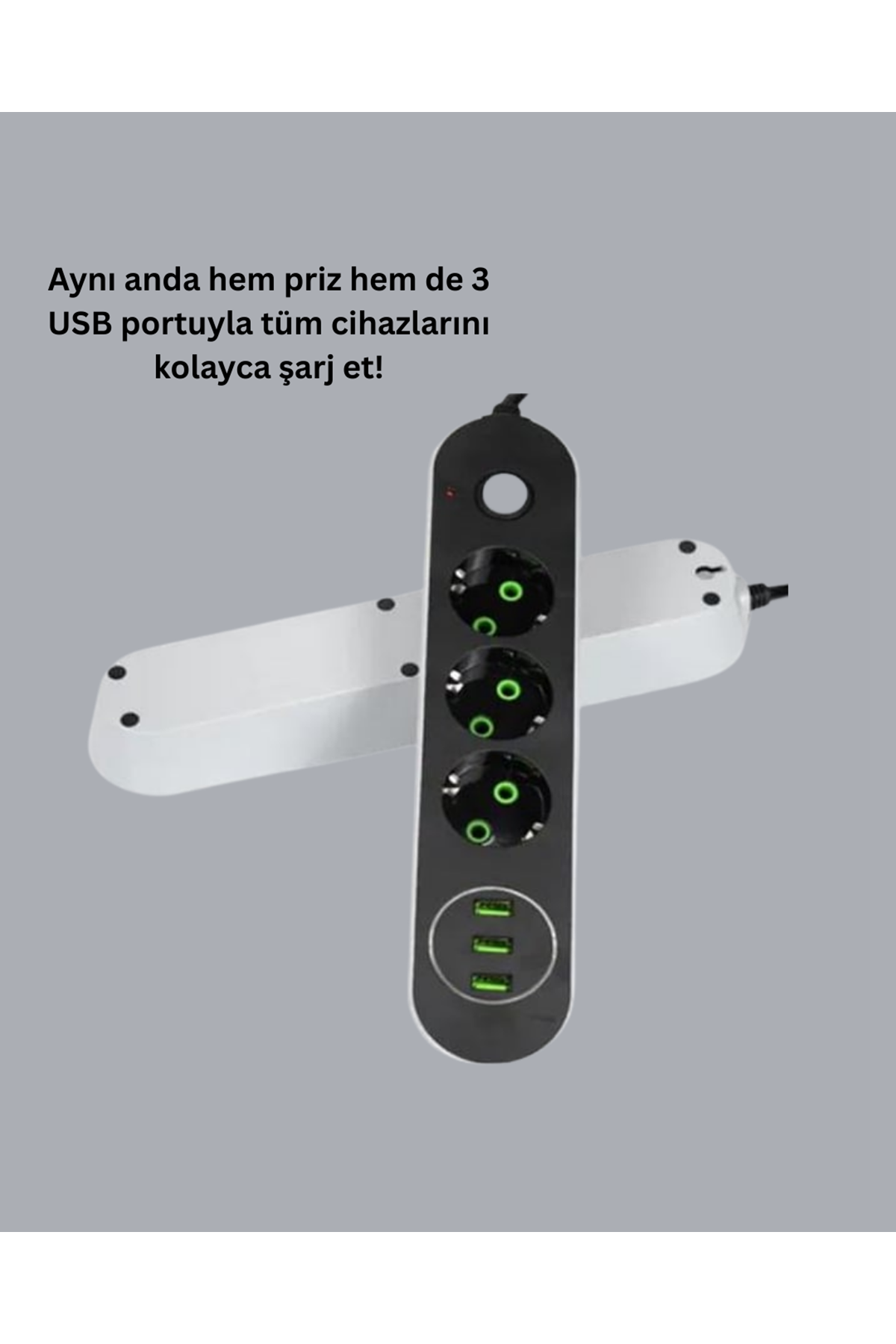 2 Metre Kablolu 3 USB Portlu Anahtarlı Üçlü Priz