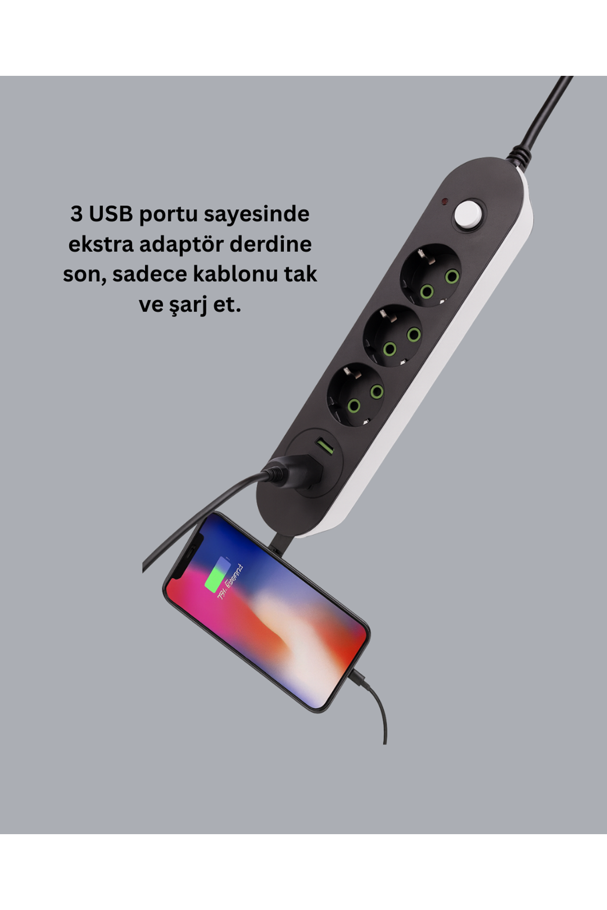 Akım Korumalı Anahtarlı USB Girişli Üçlü Priz