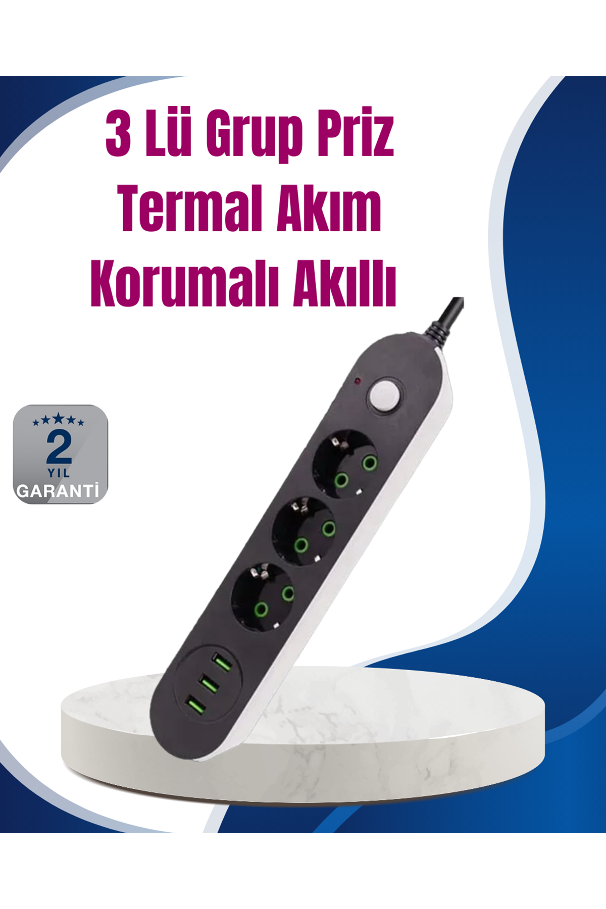 3 USB Çıkışlı Hızlı Şarjlı Anahtarlı Üçlü Priz