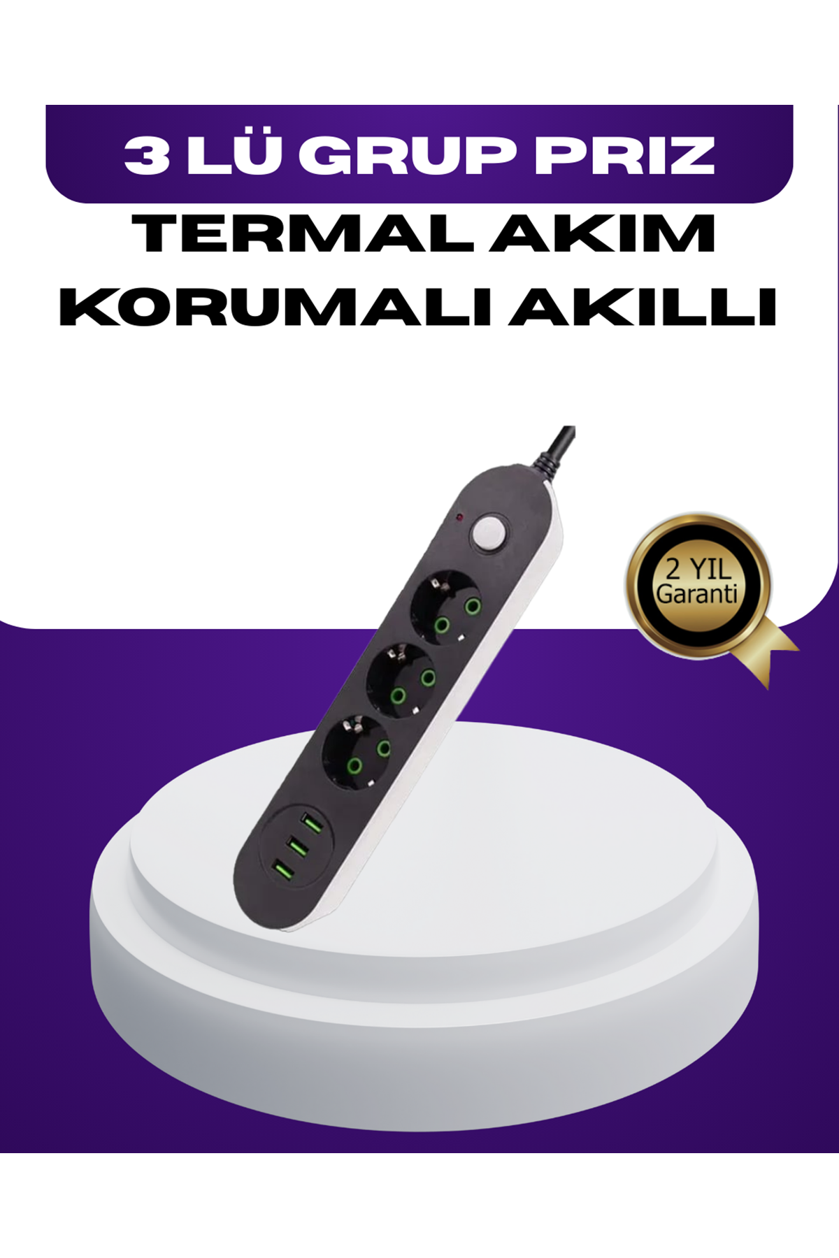 USB Yuvalı Anahtarlı Üçlü Priz 2 Metre Kablolu
