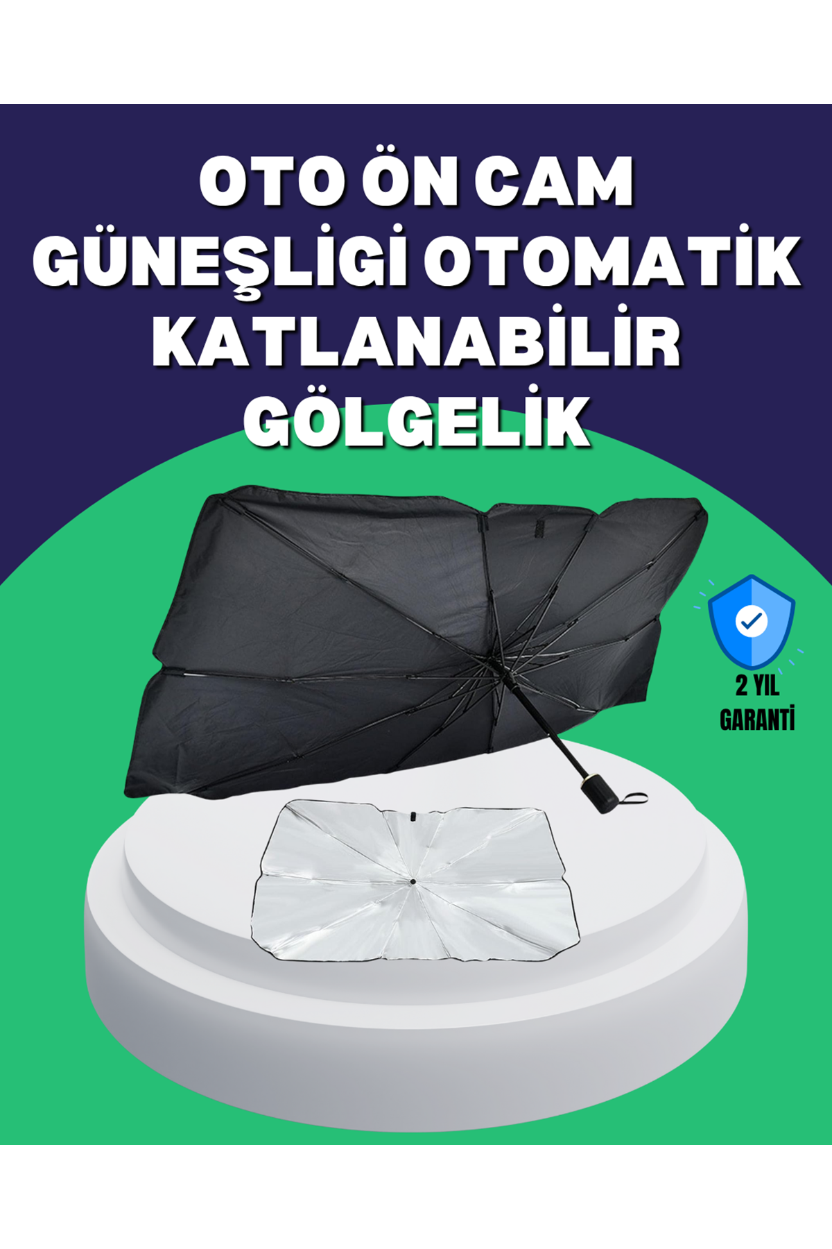 Şemsiye Tasarımlı Katlanabilir Araç Güneşliği – Geniş Uyumlu, UV Koruma