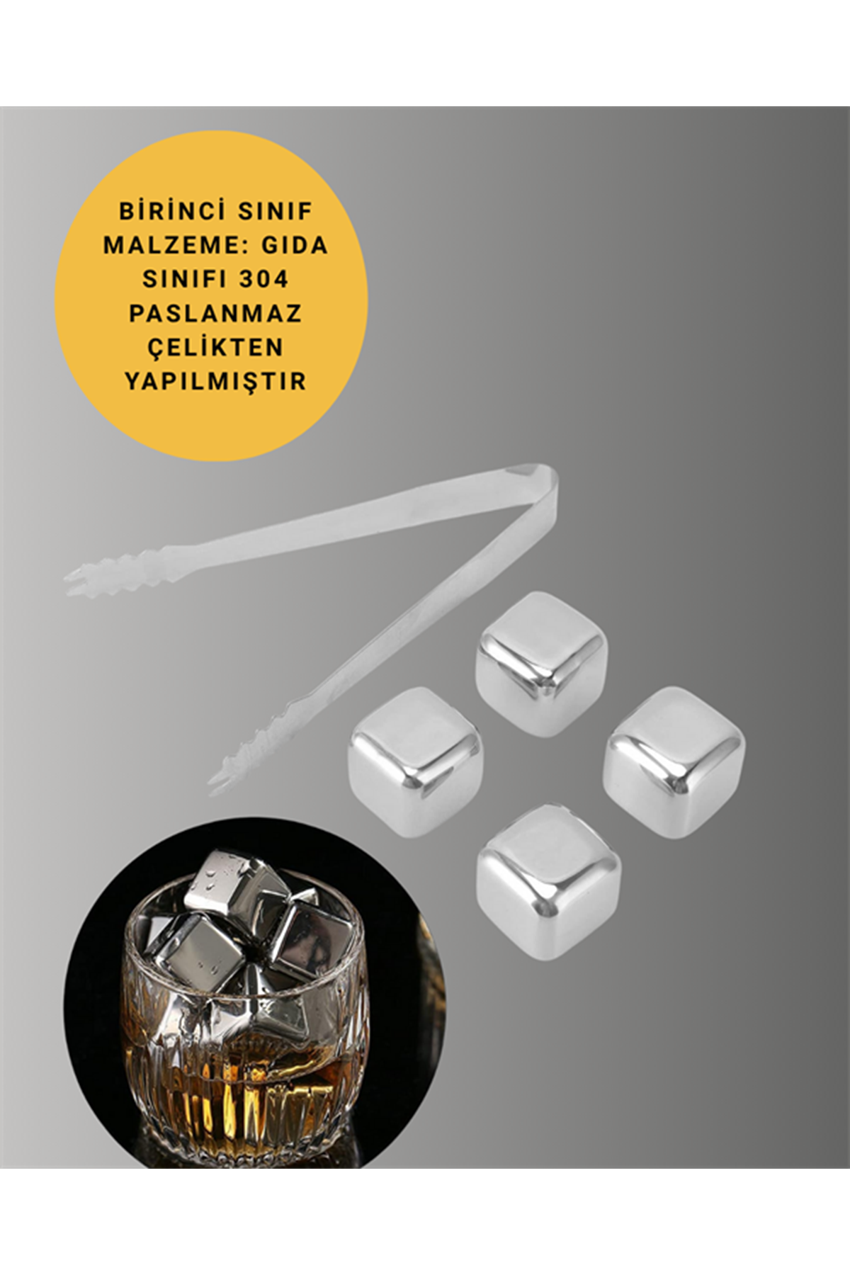Yeniden Kullanılabilir 304 Çelik Metal Buz Küpleri 4'lü Set