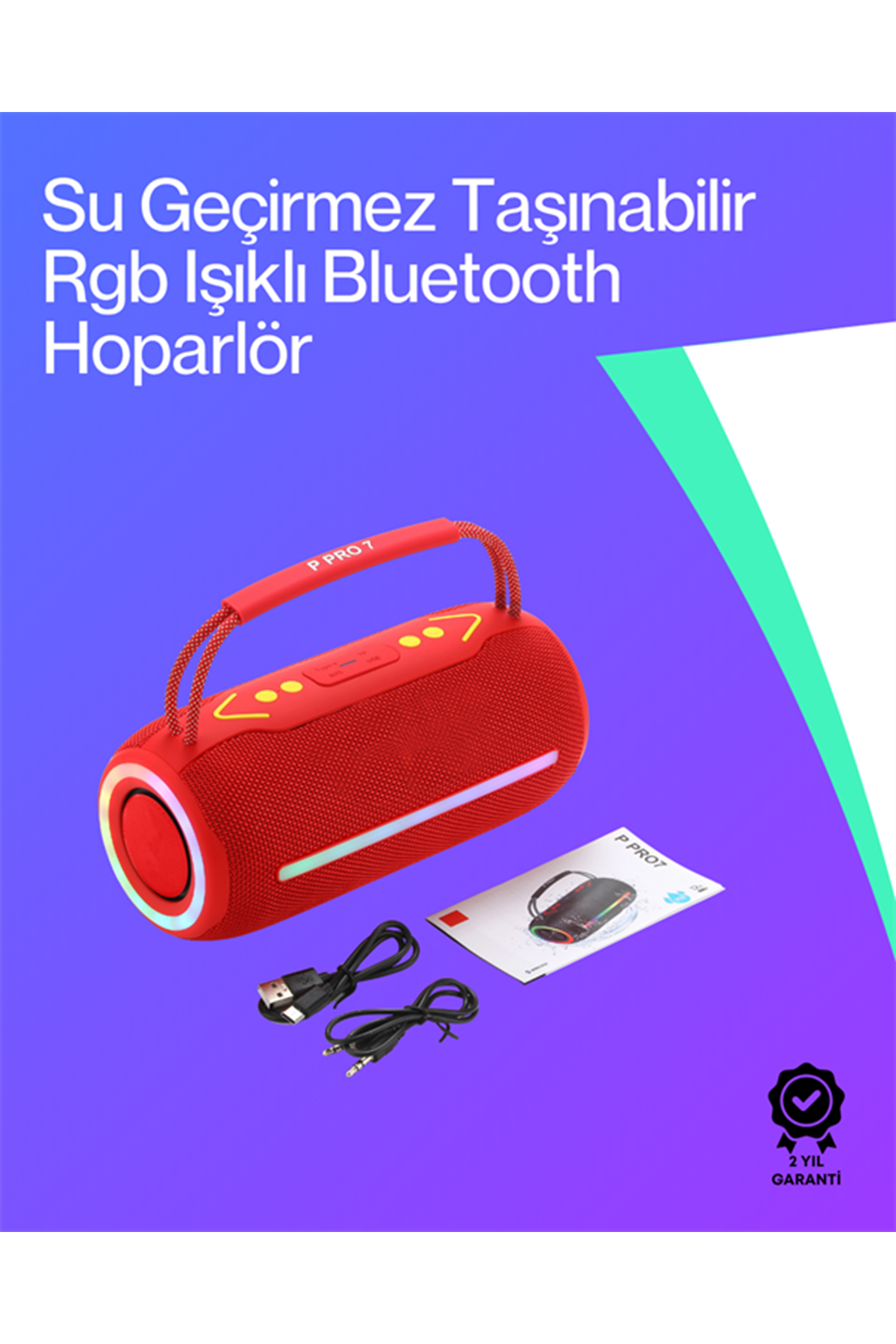 360 RGB LED'li Taşınabilir Bluetooth Hoparlör – Kırmızı, USB/TF Destekli