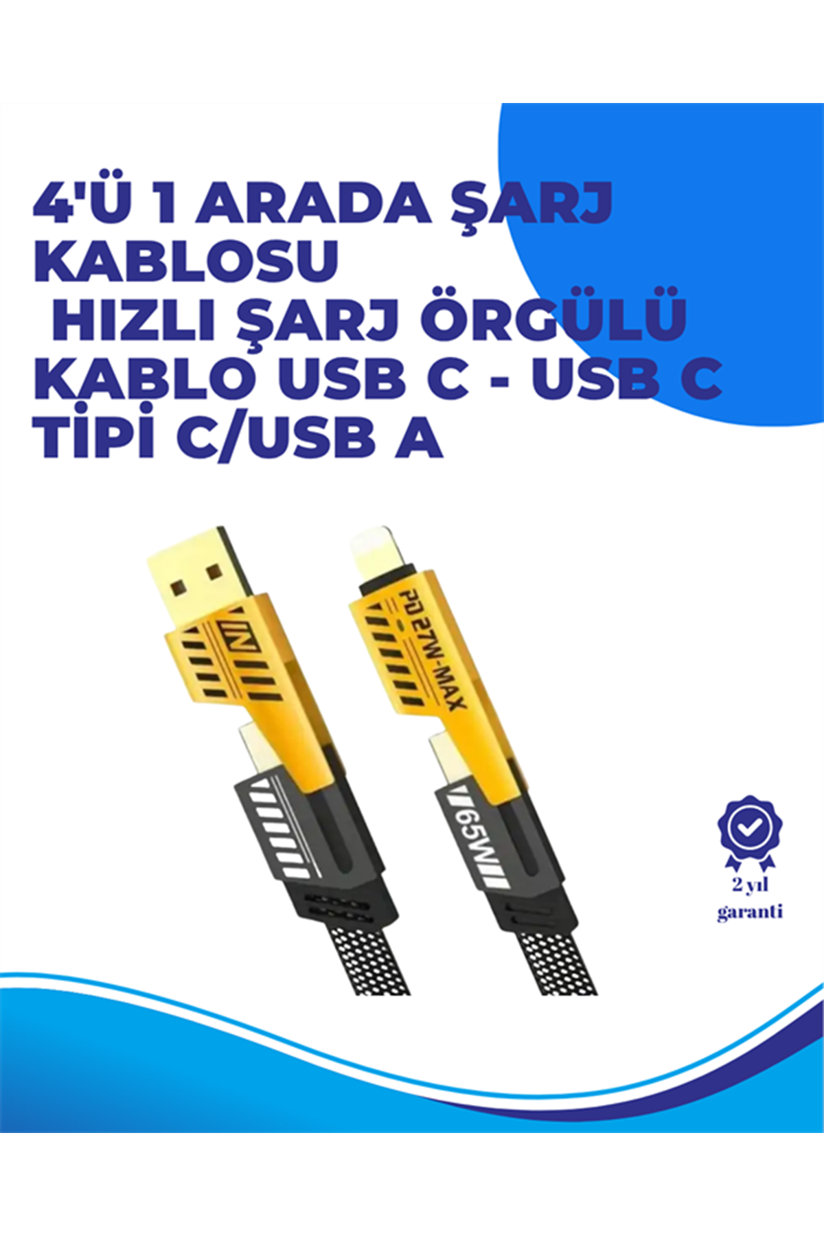 65W 4'ü 1 Arada Çoklu Şarj Kablosu – USB-C, USB-A, Lightning, Veri ve Şarj Desteği