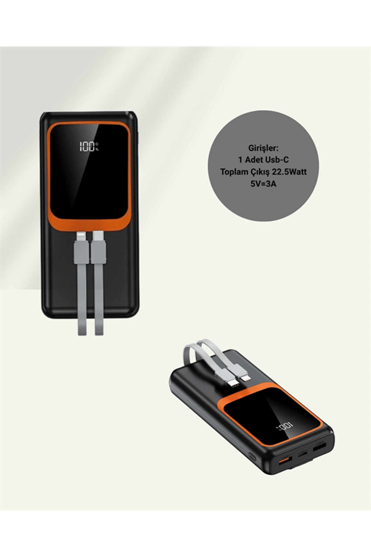 20.000 mAh Powerbank – 22.5W Hızlı Şarj, Çok Kablolu, Dijital Göstergeli