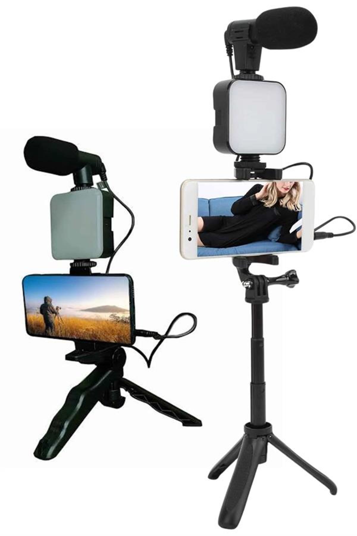Telefon Tutucu Led Işıklı Kumandalı Mikrofon Telefon Vlog Video Kayıt