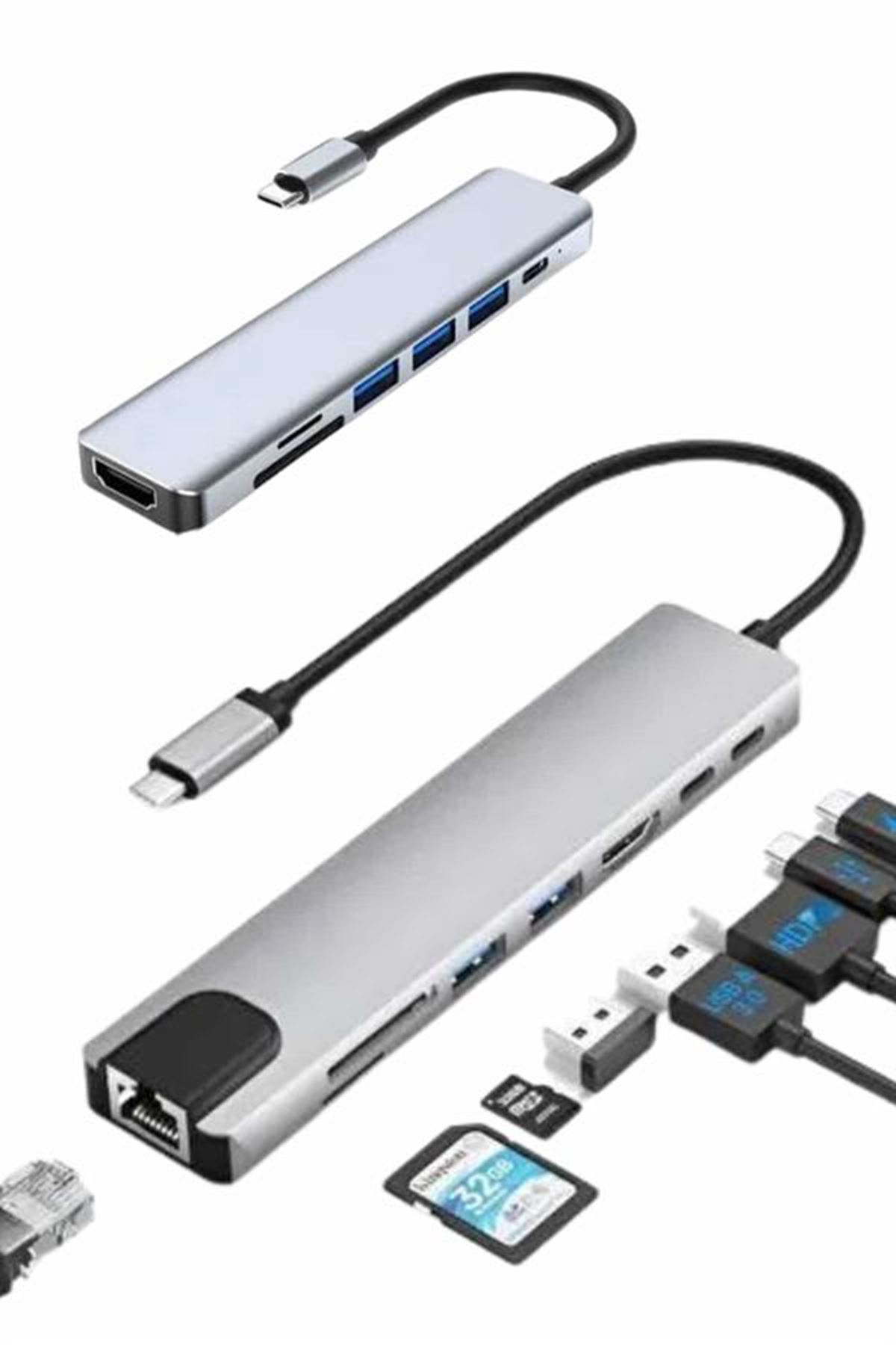 8 Port Çoklayıcı Macbook Ile Uyumlu Çoğaltıcı Type-C dönüştürücü TF SD kart