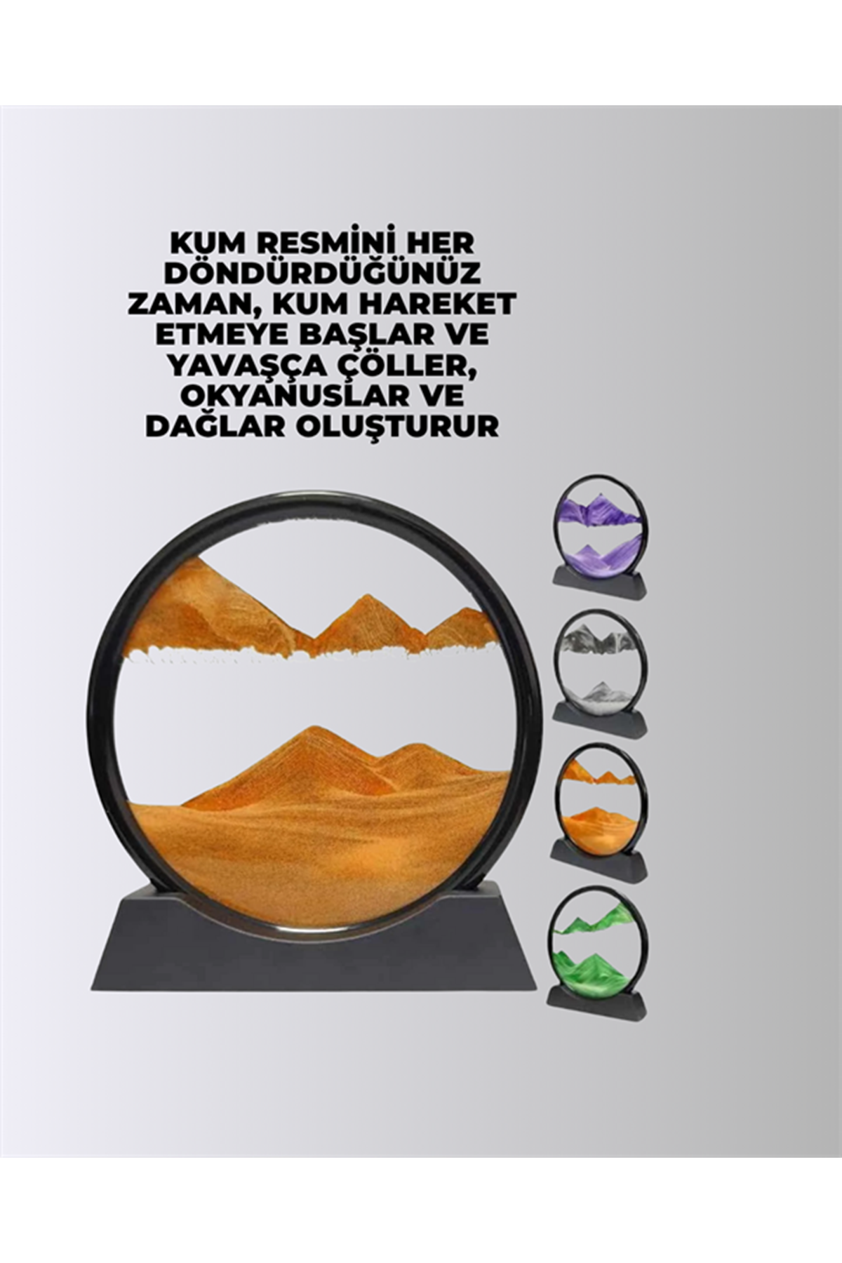 Rahatlatıcı Kum Sanatı – Yuvarlak Cam Çerçeveli Hareketli Kum Resmi, Ofis ve Ev İçin Etkileşimli Masaüstü Süs