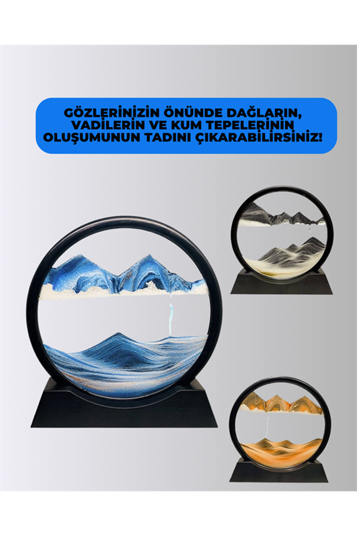 Rahatlatıcı Kum Sanatı – Yuvarlak Cam Çerçeveli Hareketli Kum Resmi, Ofis ve Ev İçin Etkileşimli Masaüstü Süs