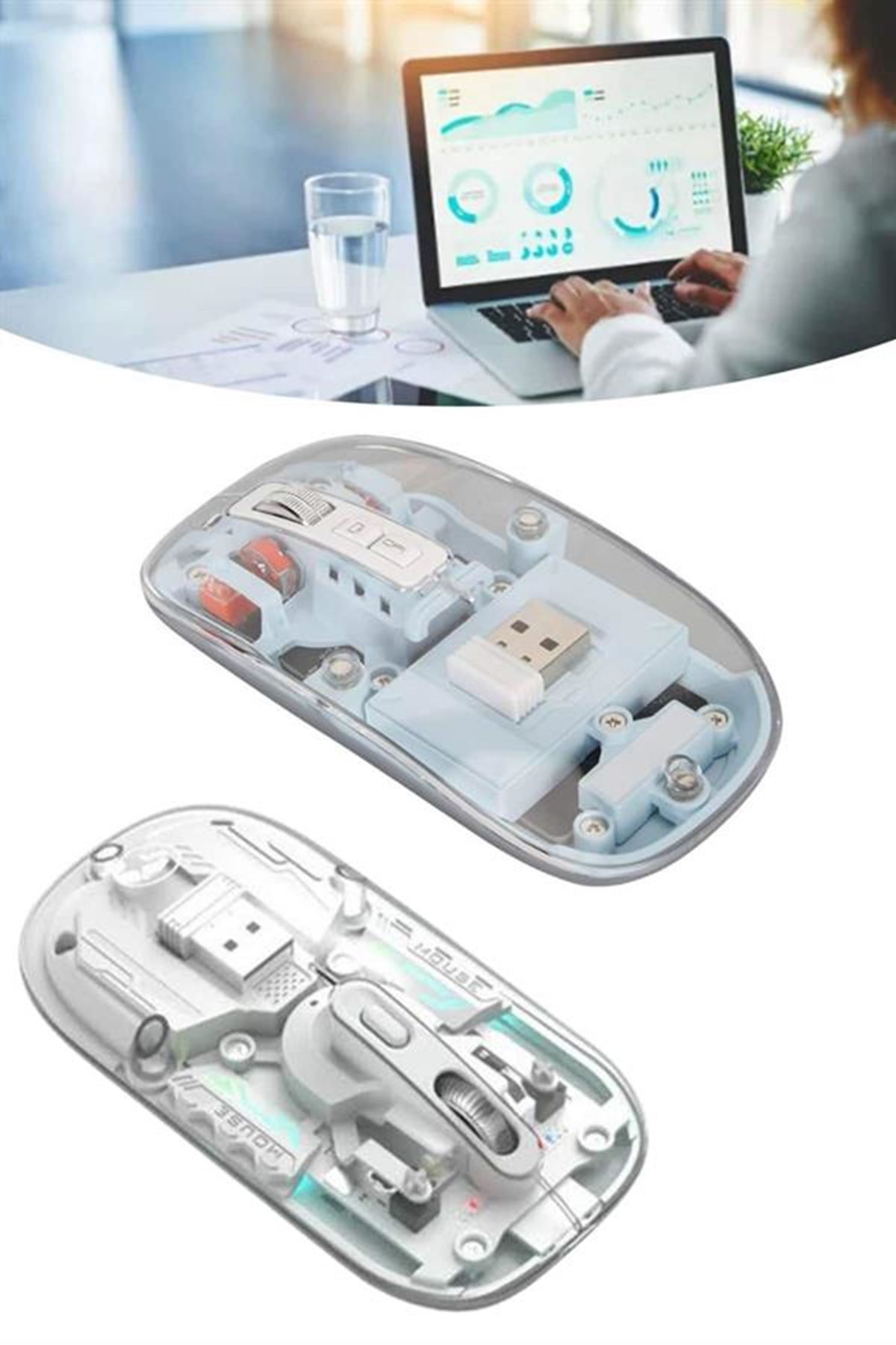 Sessiz Tıklama Çift Modlu Bluetooth Ve Alıcı Şeffaf Mouse Fare